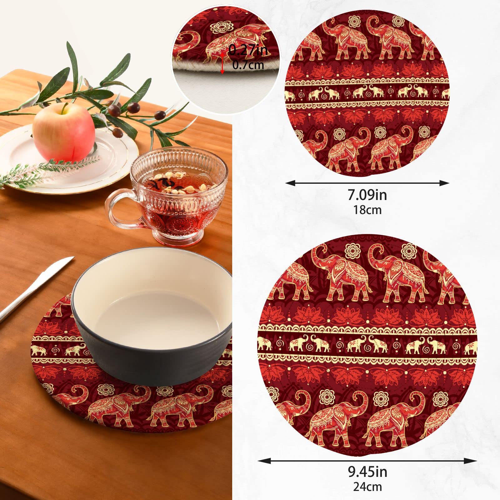 Spring Mandala Elephants Pot Holders Trivets Set of 2 - Heat Resistant Kitchen Trivets for Hot Dishes, Pans & Bowls - Ethnic Cotton Woven Hot Pads for Stovetop & Table Decor - Perfect for Indian, Boho & Retro Kitchen Style
