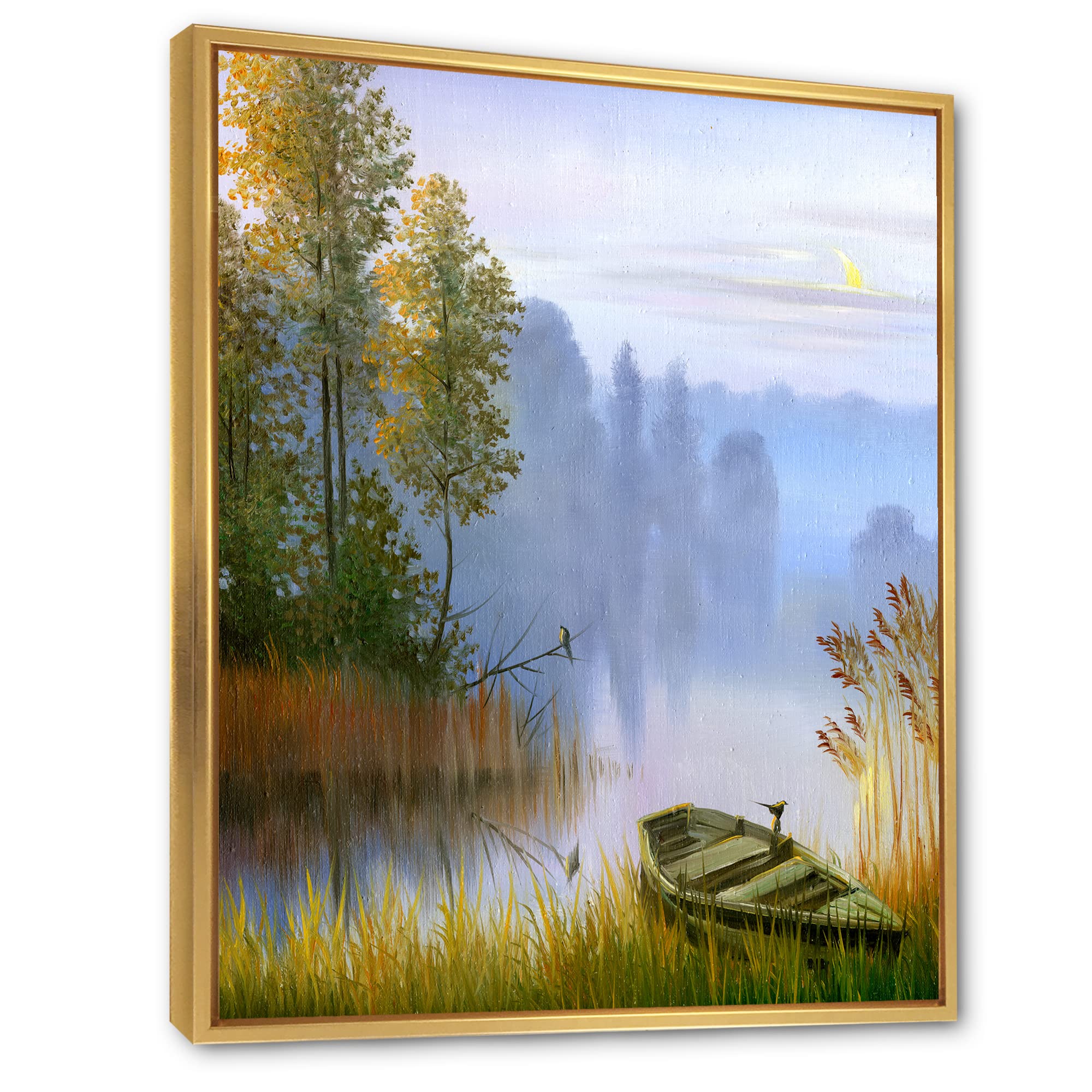 Traditional Framed Canvas Wall Art Print - Lakeside Boat Landscape Painting for Living Room, Bedroom & Office Decor