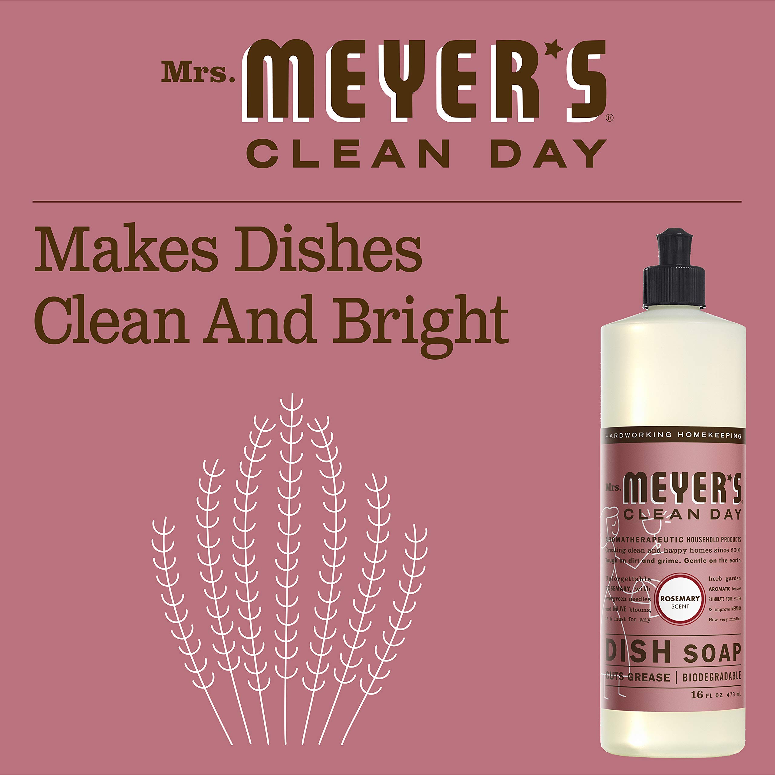 Mrs. Meyer's Clean Day Biodegradable Dish Soap - Rosemary Scent, 16 fl oz | Plant-Based Formula for Hand Washing Dishes, Grease Cutting & Gentle on Skin | Perfect for Kitchen, Camping & Eco-Friendly Homes