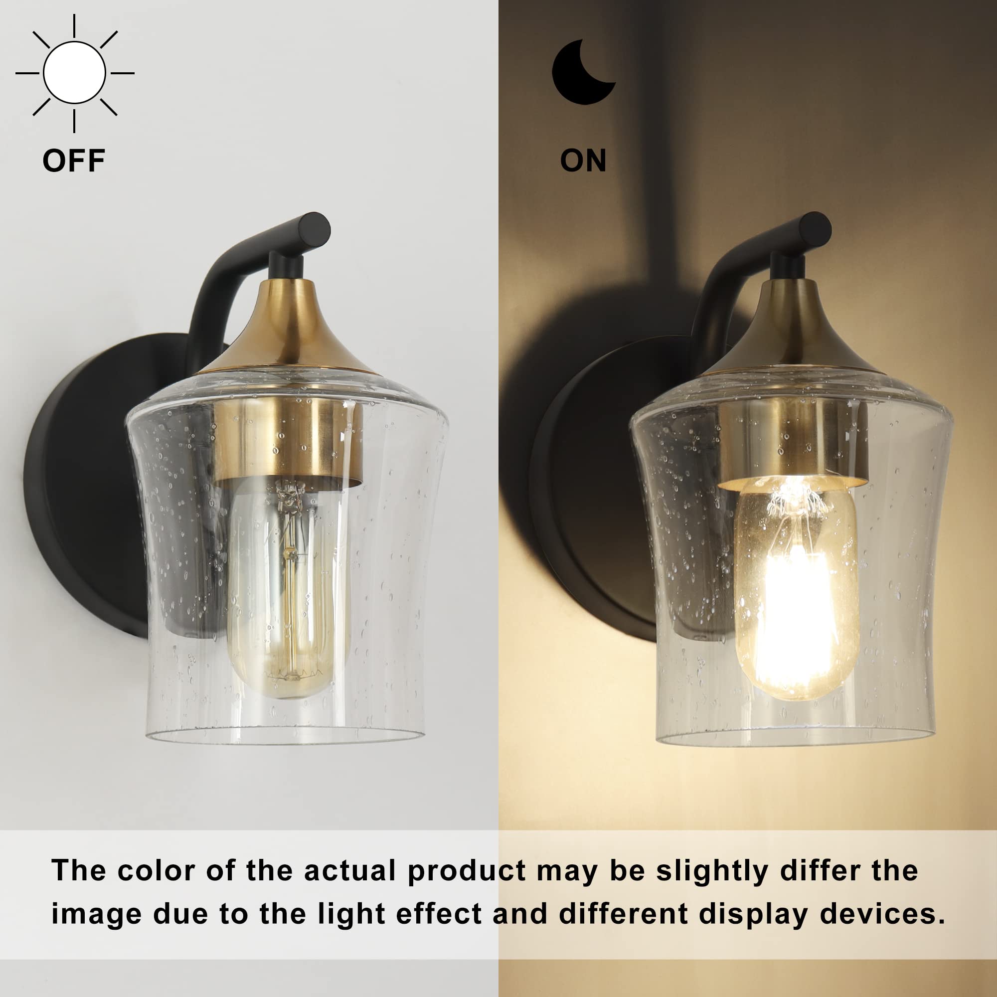 ZEVNI Modern Farmhouse Wall Sconces - Black & Gold 1-Light Vanity Lighting with Seeded Glass Shade | Perfect for Bedroom, Bathroom, Hallway & Entryway Decor