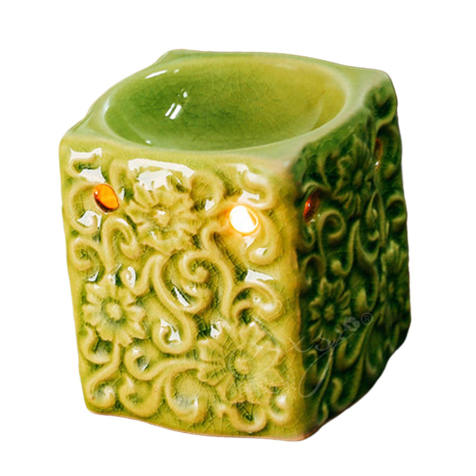 Premium Ceramic Wax Melter & Essential Oil Diffuser - Square Green Aromatherapy Burner for Home, Bedroom, Spa - 7.5x7cm Tealight Candle Holder for Relaxation & Decor