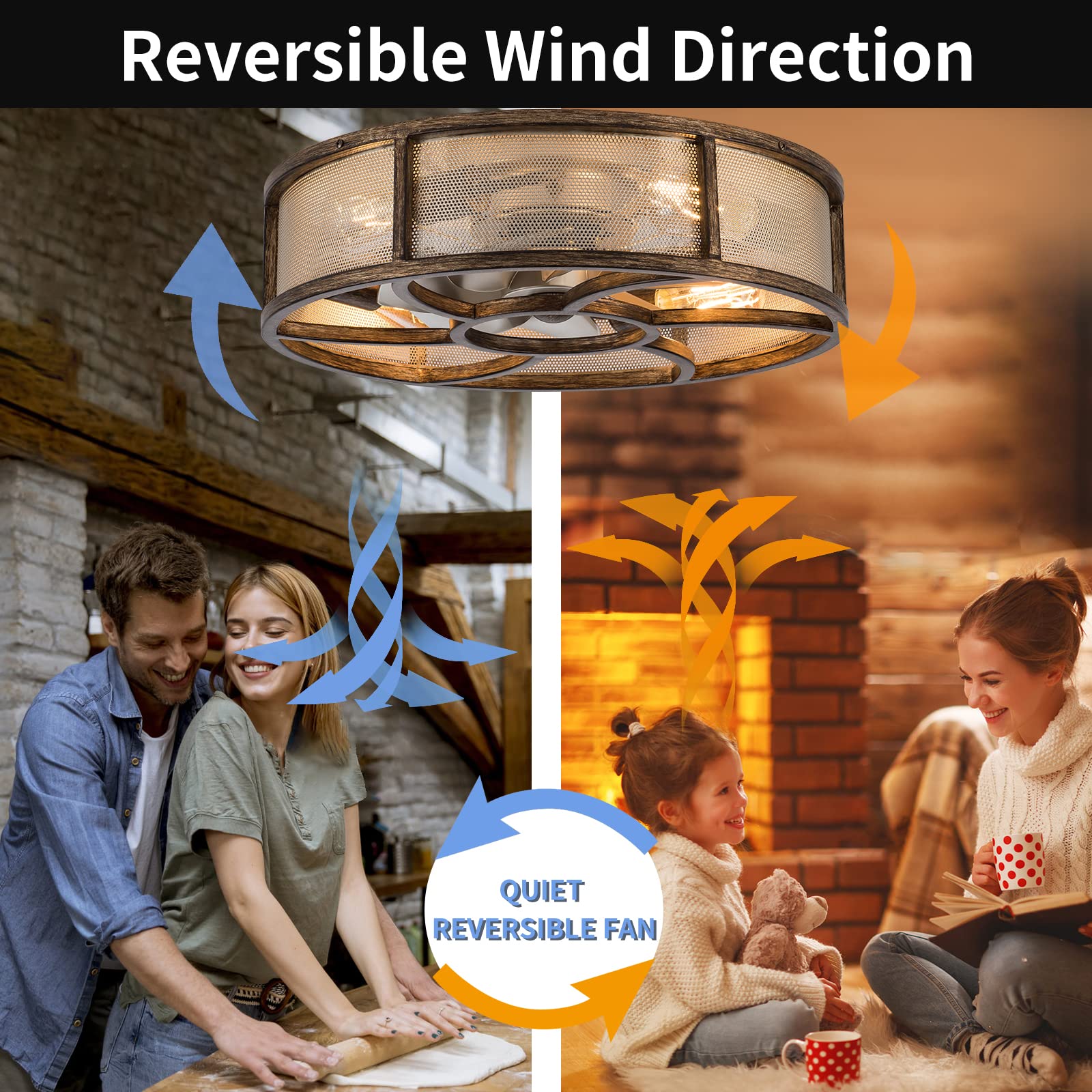 21'' Low Profile Bladeless Enclosed Ceiling Fan with Light & Remote Control - 6 Speed Reversible Rustic Farmhouse Style with 5 Bulbs - Perfect for Bedroom, Kitchen, Living Room & Indoor Spaces