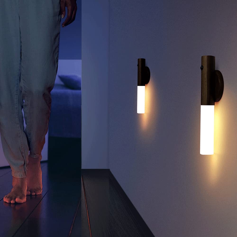 Rechargeable LED Wall Sconce with Human Body Sensor - Smart Wood Night Light for Stairs, Hallway, Kids Room & Wardrobe | Motion-Activated Safety Lighting for Home & Office