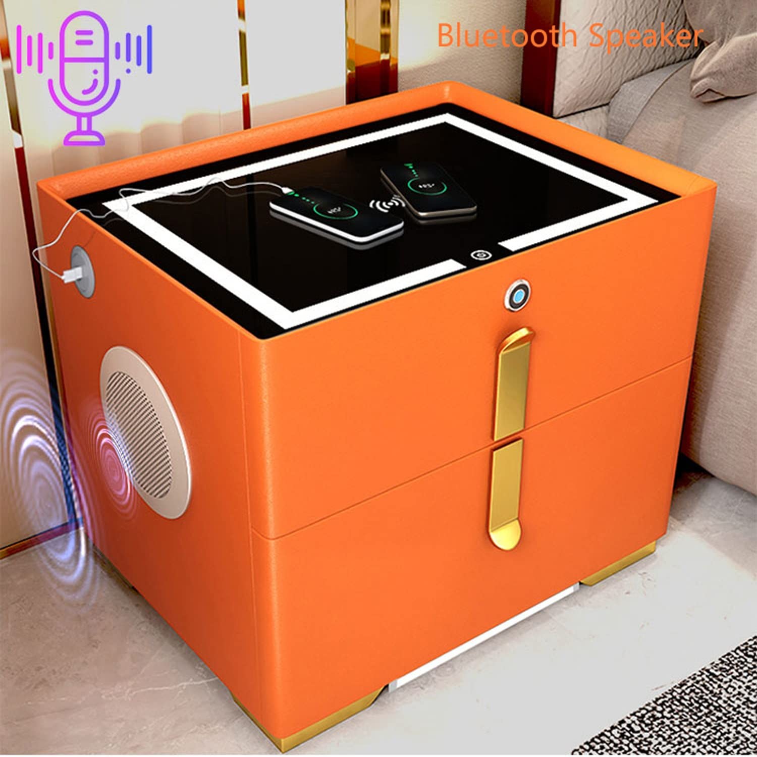 AVLUZ Smart Nightstand with Wireless Charging & Fingerprint Unlock - Modern High Gloss Bedside Table, Multifunctional Nightstand for Bedroom (Orange) - Perfect for Small Spaces, Apartment Living & Contemporary Home Decor