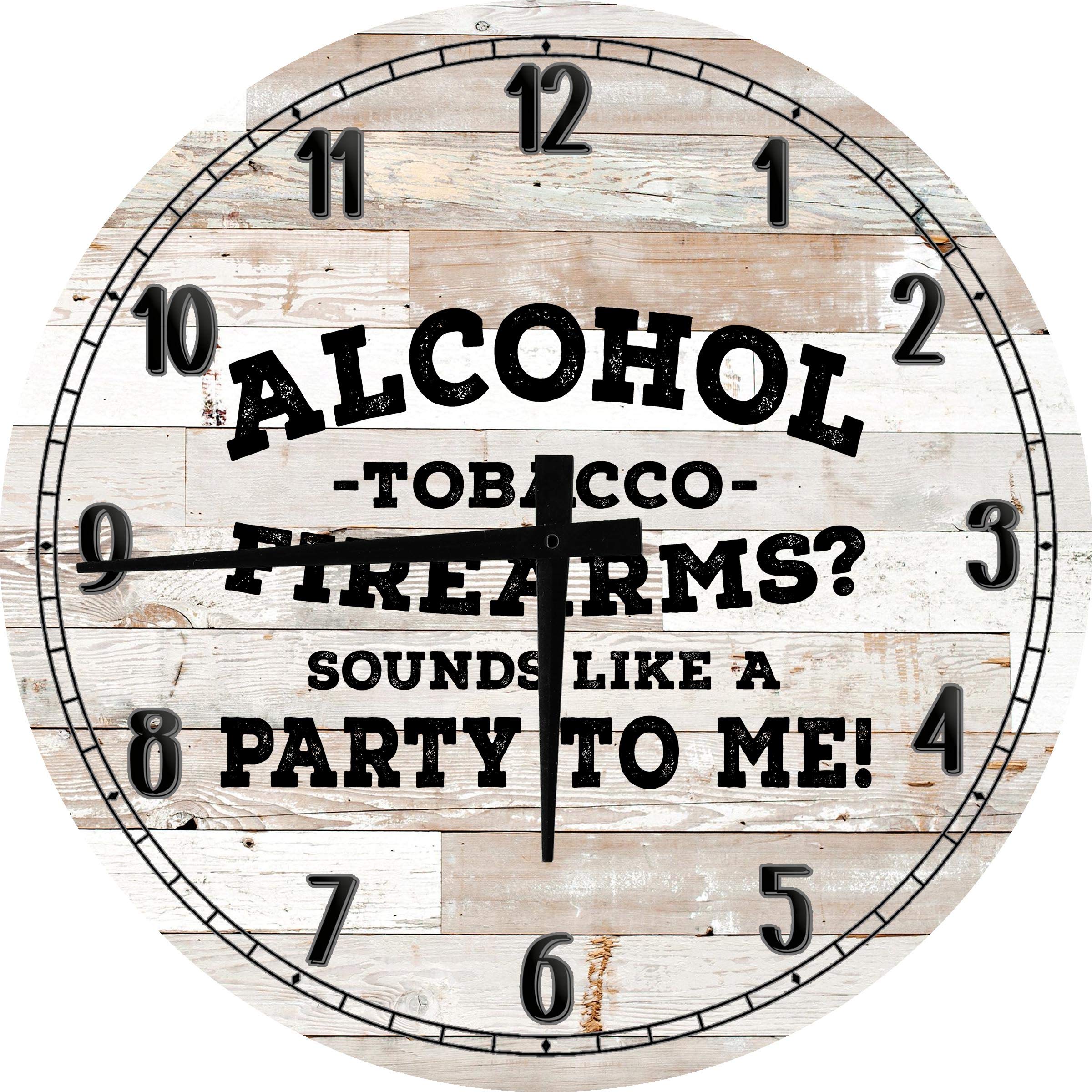 12 Inch Large Round Wood Wall Clock for Men - Alcohol & Tobacco Theme, Manly Hobbies Decor, Perfect for Home, Office, or Man Cave