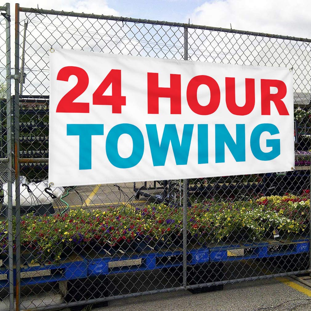 24-Hour Towing Vinyl Banner - Weatherproof Outdoor Business Sign (60x144 Inches) with 10 Grommets - Heavy Duty Yard Sign for Industrial Use, Car Dealerships & Emergency Services