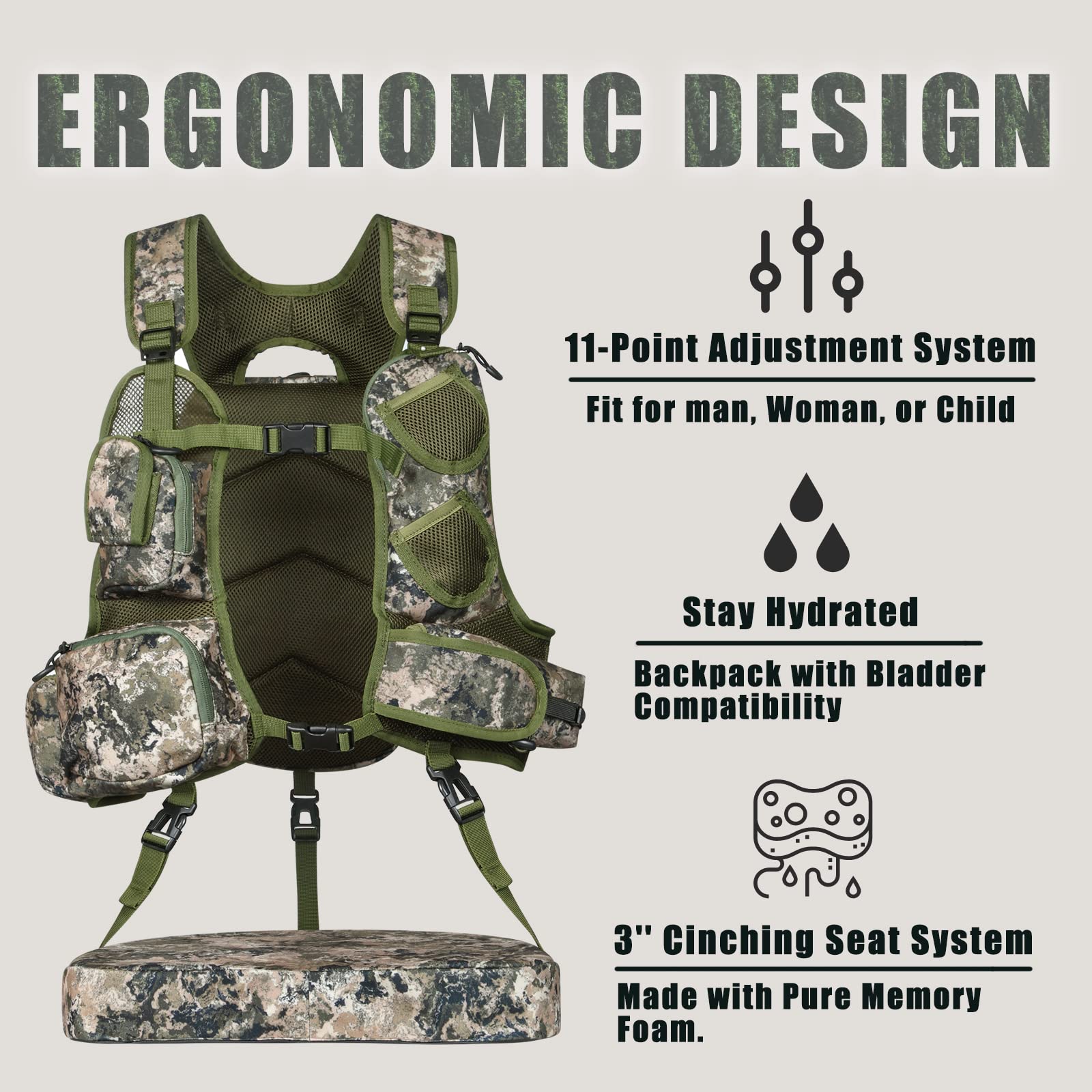 LUCKY CLOVER Turkey Hunting Vest with Seat Cushion - Comfortable Camo Vest for Turkey Hunters | Ideal for Field Hunting & Outdoor Adventures
