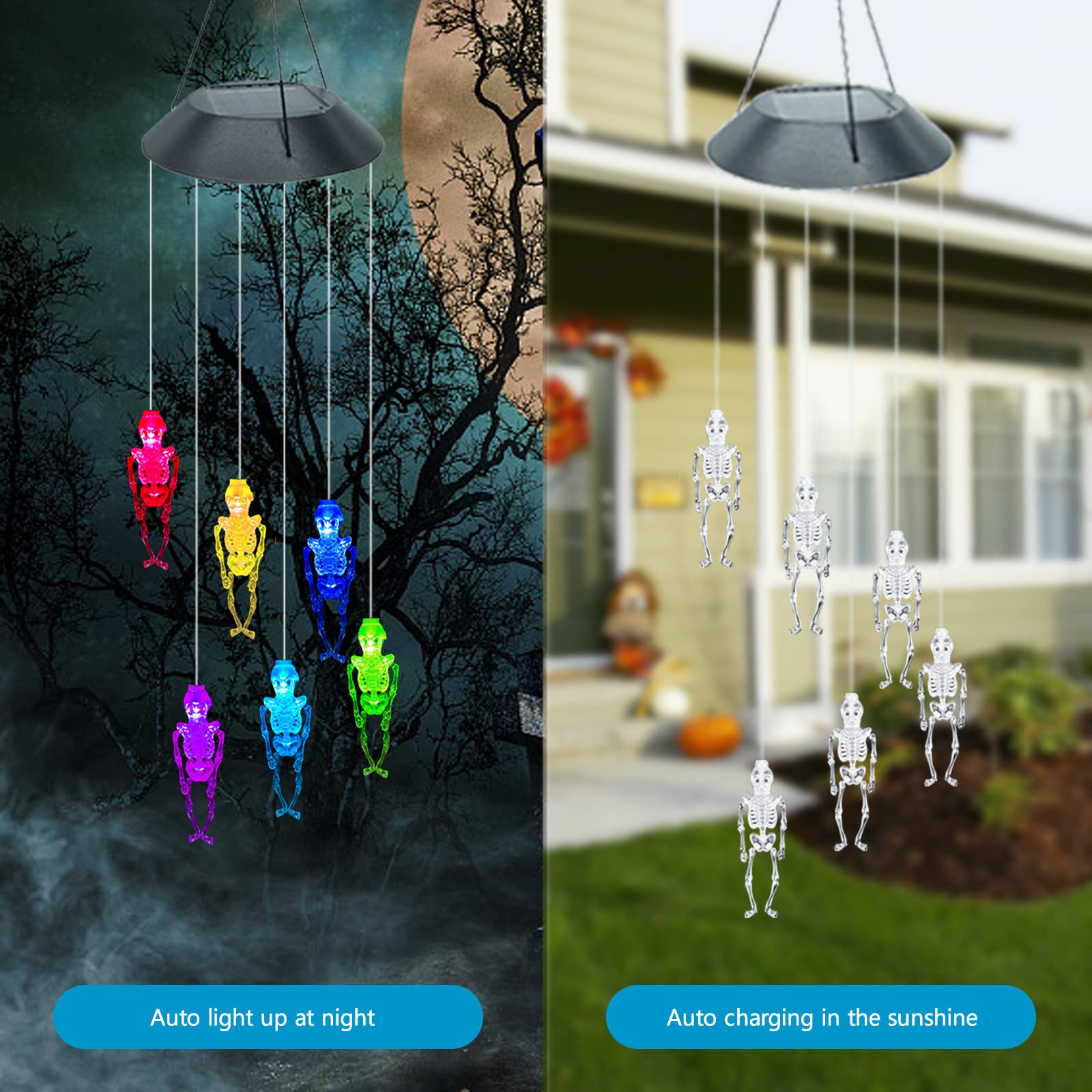 Solar-Powered Halloween LED Skull Lamp & Wind Chime Light - Outdoor/Indoor Decor for Yard, Garden, Pathway | Spooky Party, Porch, Window, Haunted House Decorations