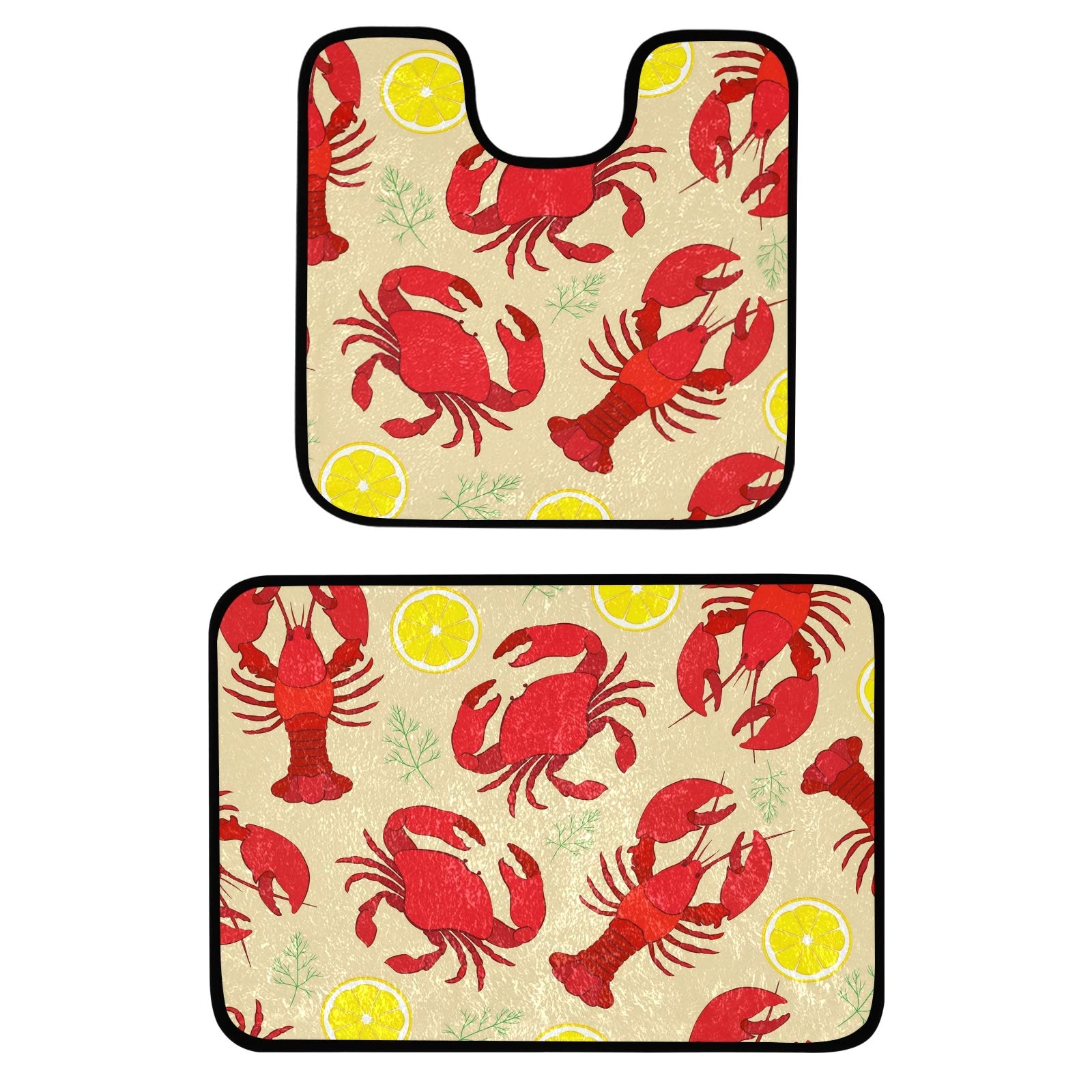 Premium 2-Piece Microfiber Plush Bath Mat Set - Non-Slip U-Shaped Toilet Rug & Contour Shower Mat | Ultra Absorbent Lobster Crab with Lemon Dill Design | Perfect for Bathroom, Shower, and Vanity Areas | Soft & Safe Floor Protection