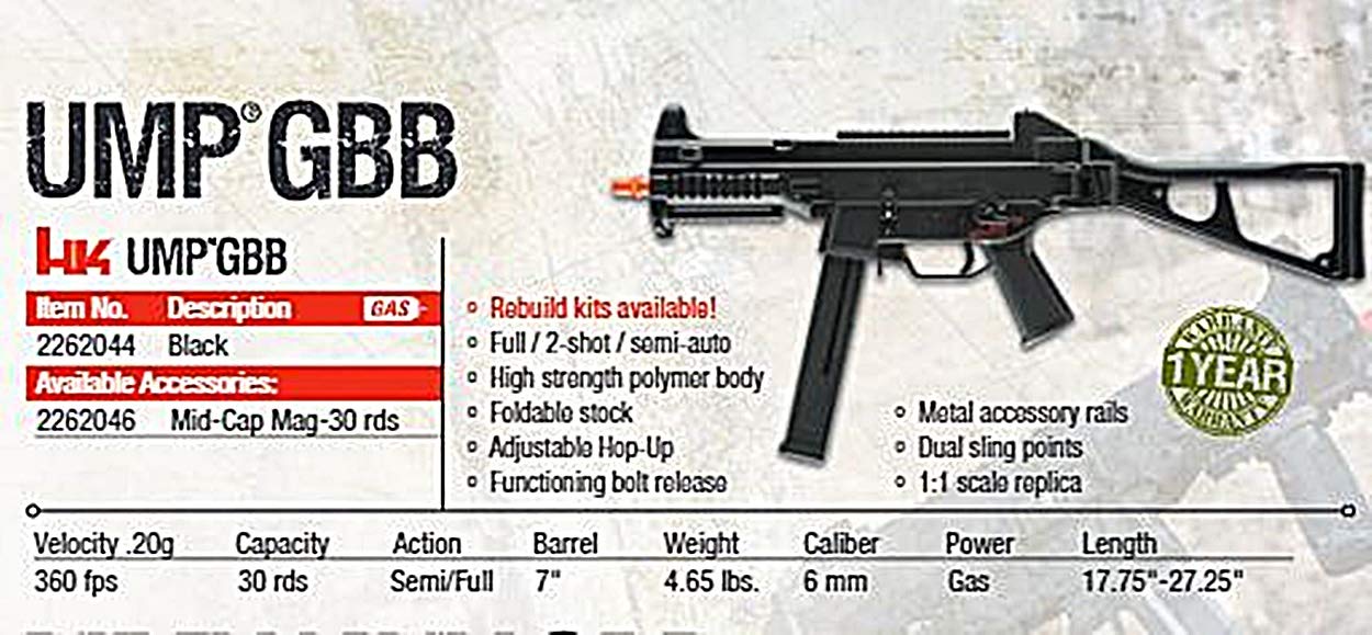Umarex Elite Force HK Heckler & Koch UMP 6mm BB Airsoft Gun - Gas Blowback (GBB) Replica for Tactical Training & Competitive Shooting