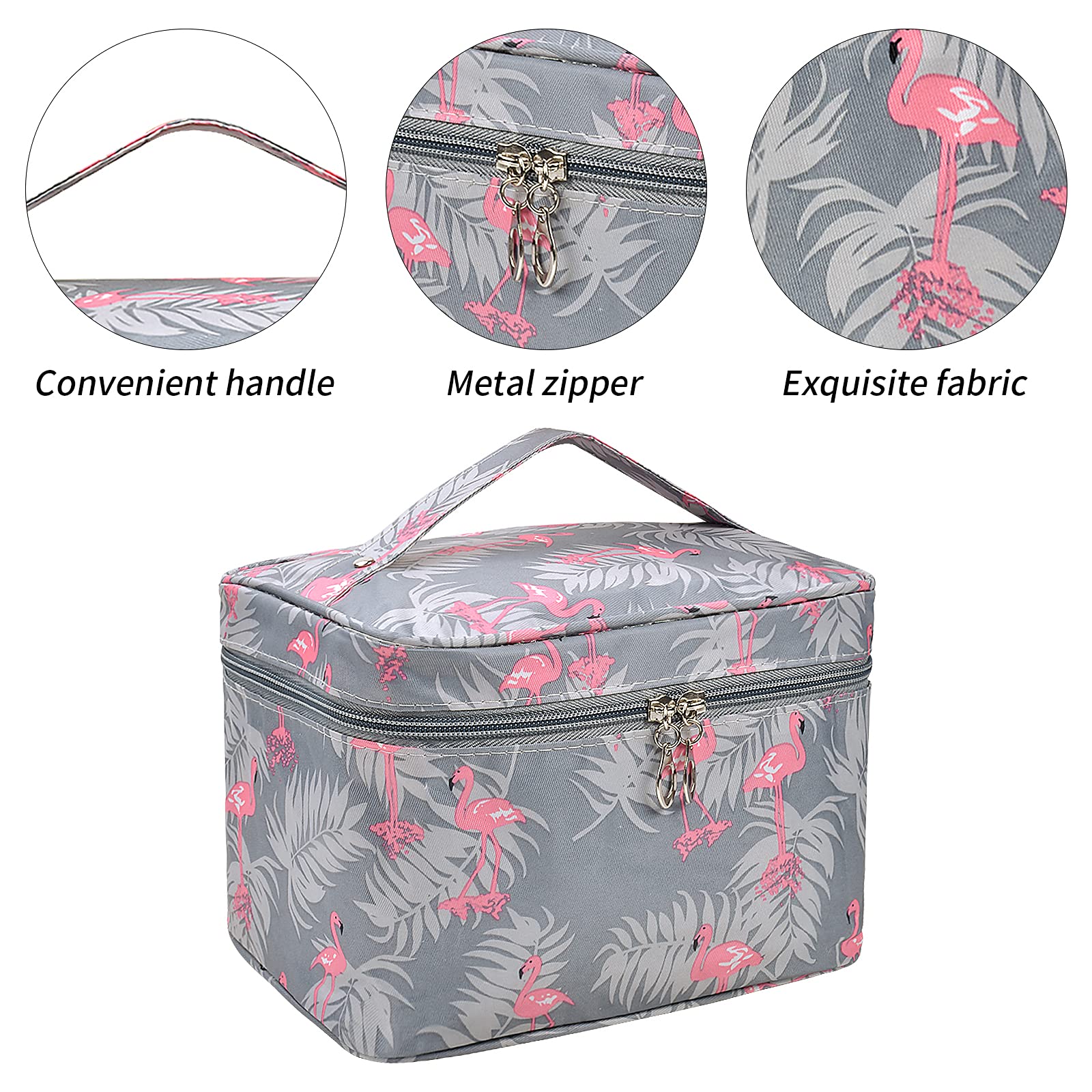Waterproof Large Toiletry Bag for Women & Teen Girls - Double Zipper Travel Makeup Organizer with Handle, Flamingo Cosmetic Storage Wash Bag (Grey) - Perfect for Travel, Gym, Camping & Daily Use