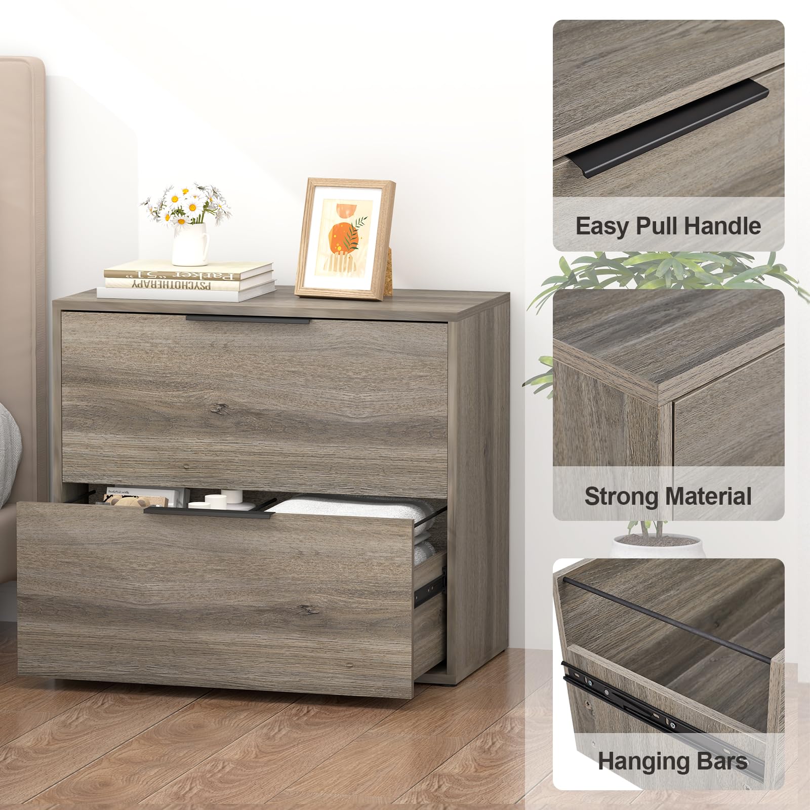 2-Drawer Wooden Lateral File Cabinet for Home Office - Farmhouse Style with Hanging Bars for Letters/Legal (Grey) - Perfect for Organizing Documents in Small Spaces & Home Offices