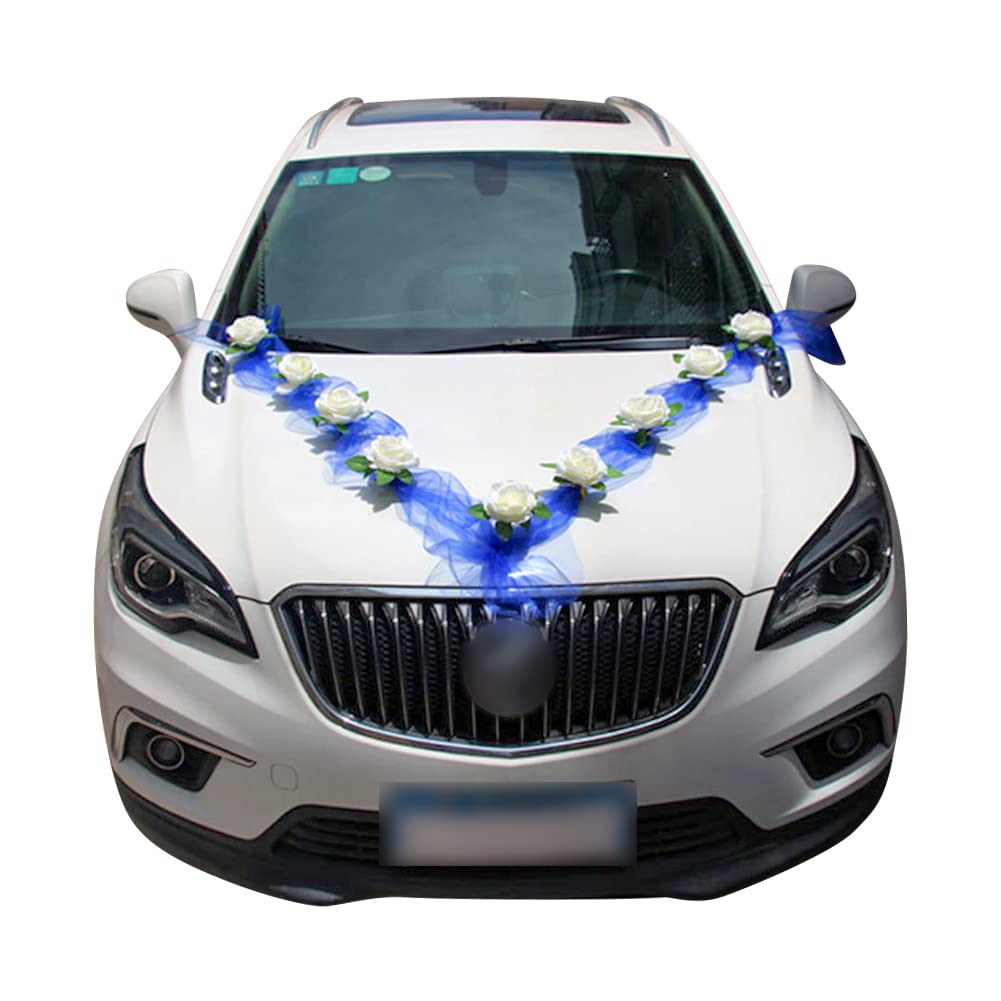 Artificial Rose Flowers & Ribbon Wedding Car Decoration - DIY Front Flowers Garland for Wedding Party Events (Blue) - Perfect for Bridal Car Decor, Wedding Processions & Special Occasions