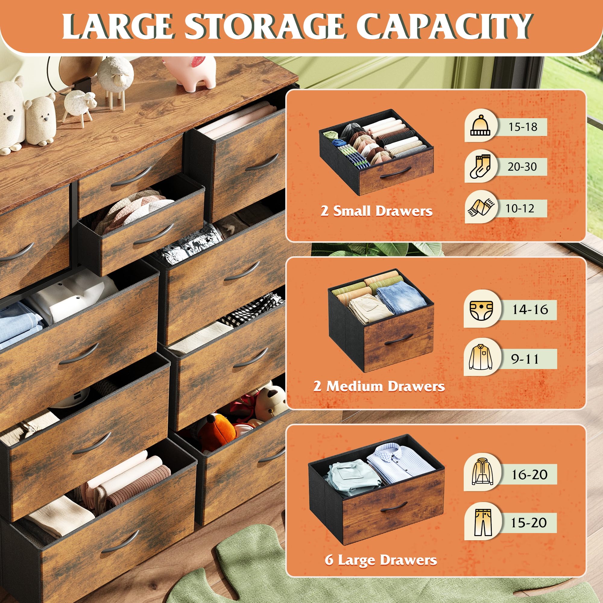 WLIVE 10-Drawer Fabric Dresser for Bedroom & Living Room - Rustic Brown Wood Grain Print Storage Organizer with Side Pockets & Hooks, Sturdy Metal Frame - Perfect for Clothes, Toys, Blankets & Home Organization in Bedrooms, Hallways & Dorm Rooms