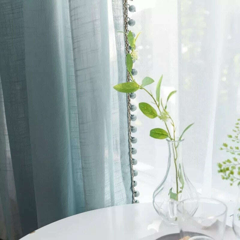 Rémy Linen Semi-Sheer Curtains with Pom Pom Lace Trim in Haze Blue - Light Filtering Window Treatment for Bedroom & Living Room