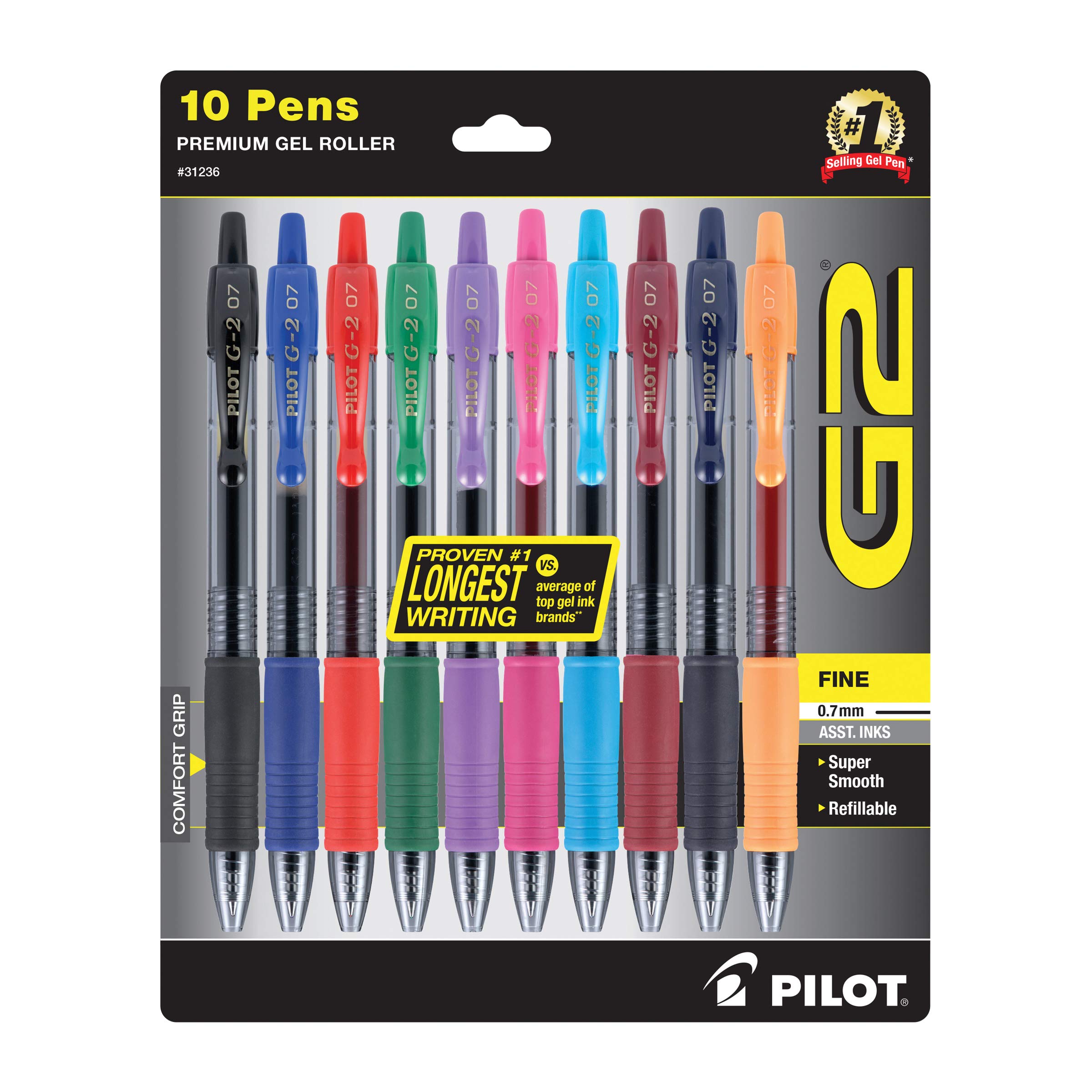 Pilot G2 Premium Gel Roller Pens - 0.7mm Fine Point, 10-Pack Assorted Colors - Smooth Writing for Office, School & Note Taking