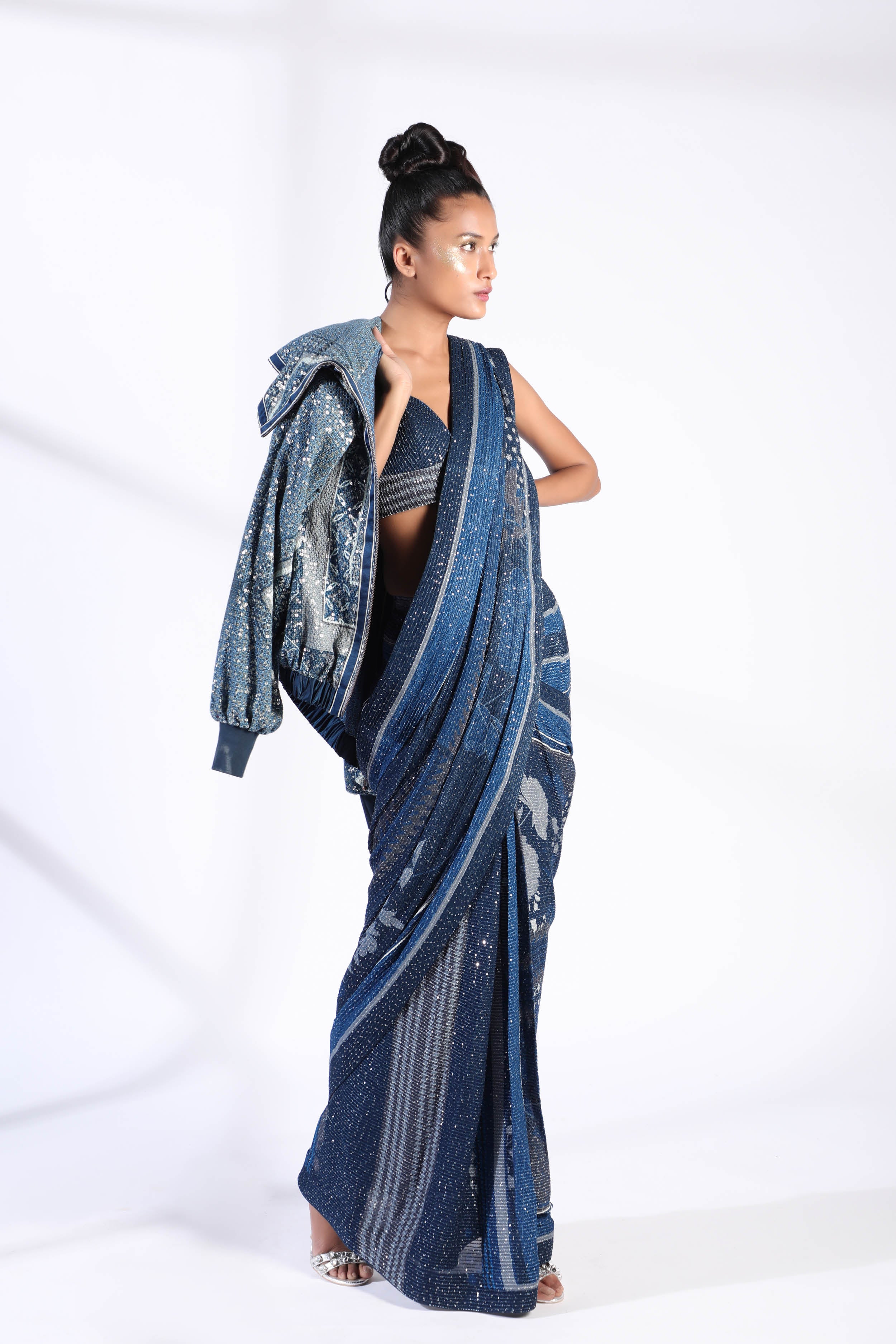 Indigo Blue Floral Two-Piece Pre-Pleated Saree with Sheer Georgette Blouse | Elegant Indian Ethnic Wear for Weddings & Festivals