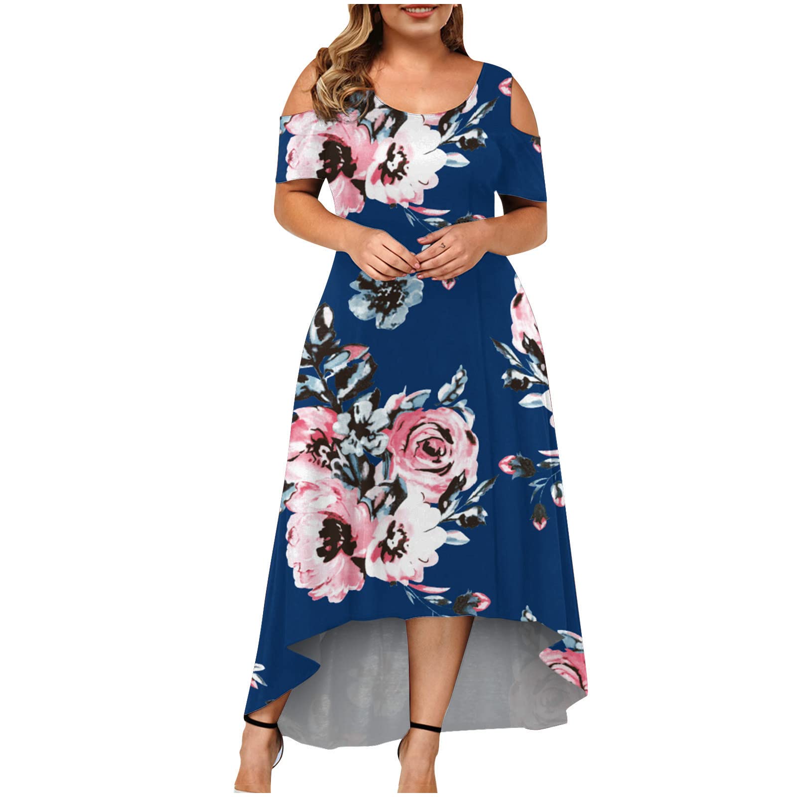Women's Sexy Elegant Cold Shoulder Floral Maxi Dress - Short Sleeve A-Line Swing Party Wedding Guest Dress for Summer Beach Vacations & Special Occasions