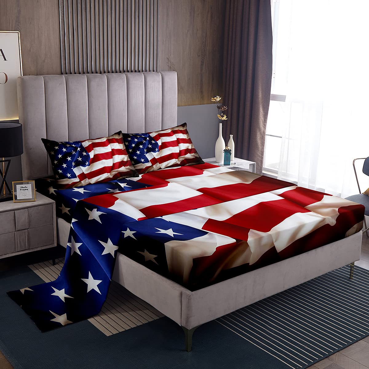 Erosebridal 7-Piece American Flag Comforter Set with Fitted Sheet - Patriotic Bedding for 4th of July, Memorial Day & Home Decor | Queen/King Size