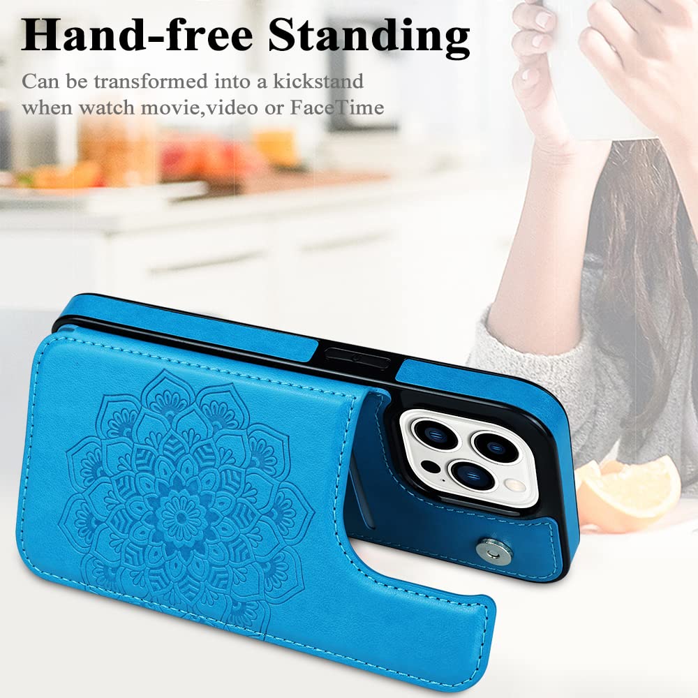 MMHUO Magnetic Wallet Case for iPhone 15 Pro with Card Holder & Flower Design - Slim Flip Cover with Strong Magnets for Secure Card Storage | Perfect Protective Case for Women's Everyday Use, Commuting & Travel (Blue)