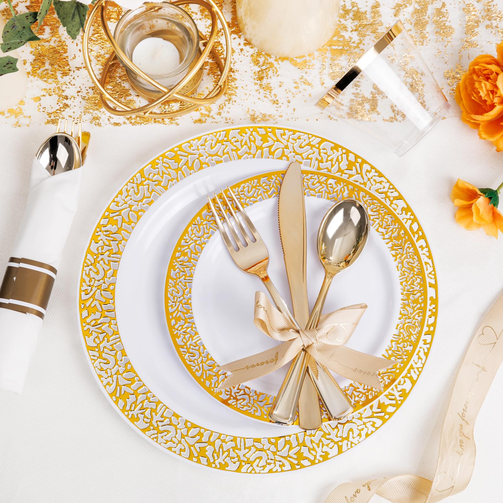 WELLIFE 350-Piece Gold Plastic Dinnerware Set - 50 Dinner Plates, 50 Dessert Plates, 50 Pre-Rolled Napkins with Silverware & 50 Cups - Elegant Disposable Tableware for Wedding, Birthday Party, Baby Shower & Holiday Celebrations