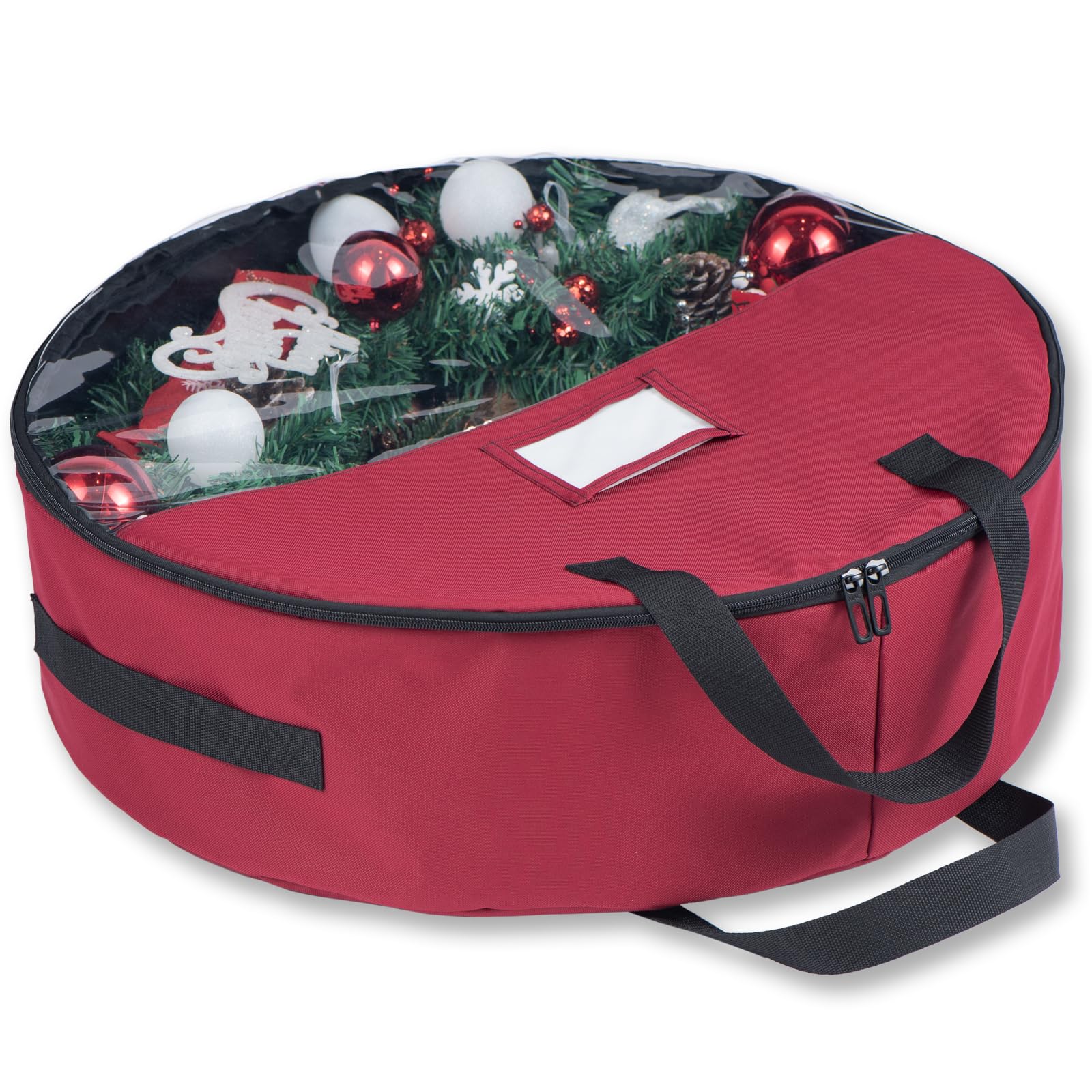 600D Heavy Duty Christmas Wreath Storage Bag - 36 Inch Extra Large Wreath Organizer Box with Clear Window & 3 Handles, Dual Zipper Holiday Decoration Storage Container (Red) - Perfect for Storing Artificial Wreaths, Garlands & Seasonal Decorations Safely