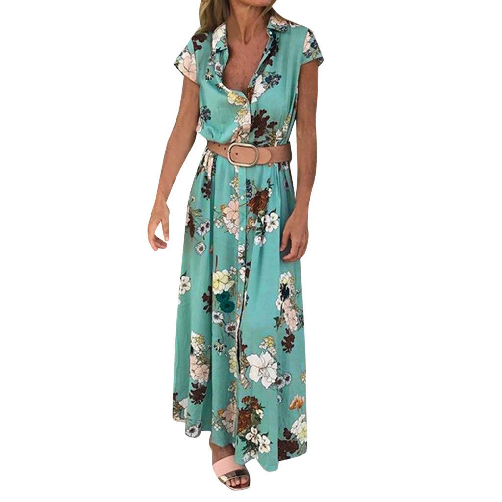 Women's Plus Size Summer Casual Short Sleeve Collared Button Maxi Dress - Green | Comfortable T-Shirt Style Dress for Beach, Vacation & Everyday Wear