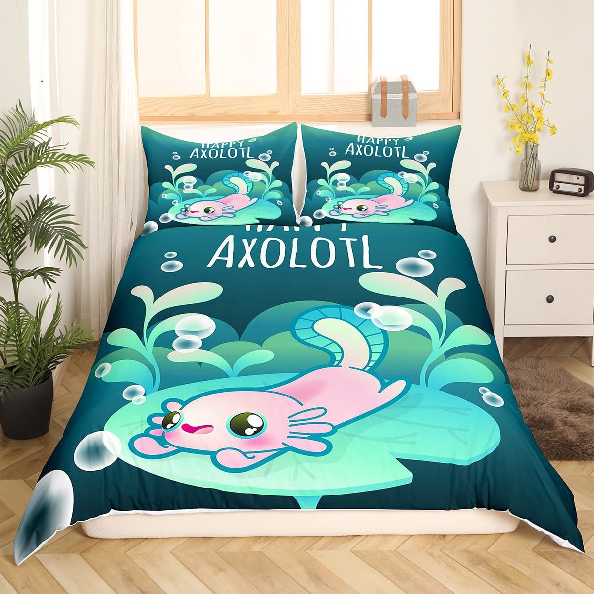 Jejeloiu 3D Cartoon Axolotl Duvet Cover Set - Kawaii Salamander Bedding for Kids, Teens & Adults | Twin Size Green Comforter Cover with Pillowcase | Perfect for Bedroom Decor, Gift & Animal Lovers