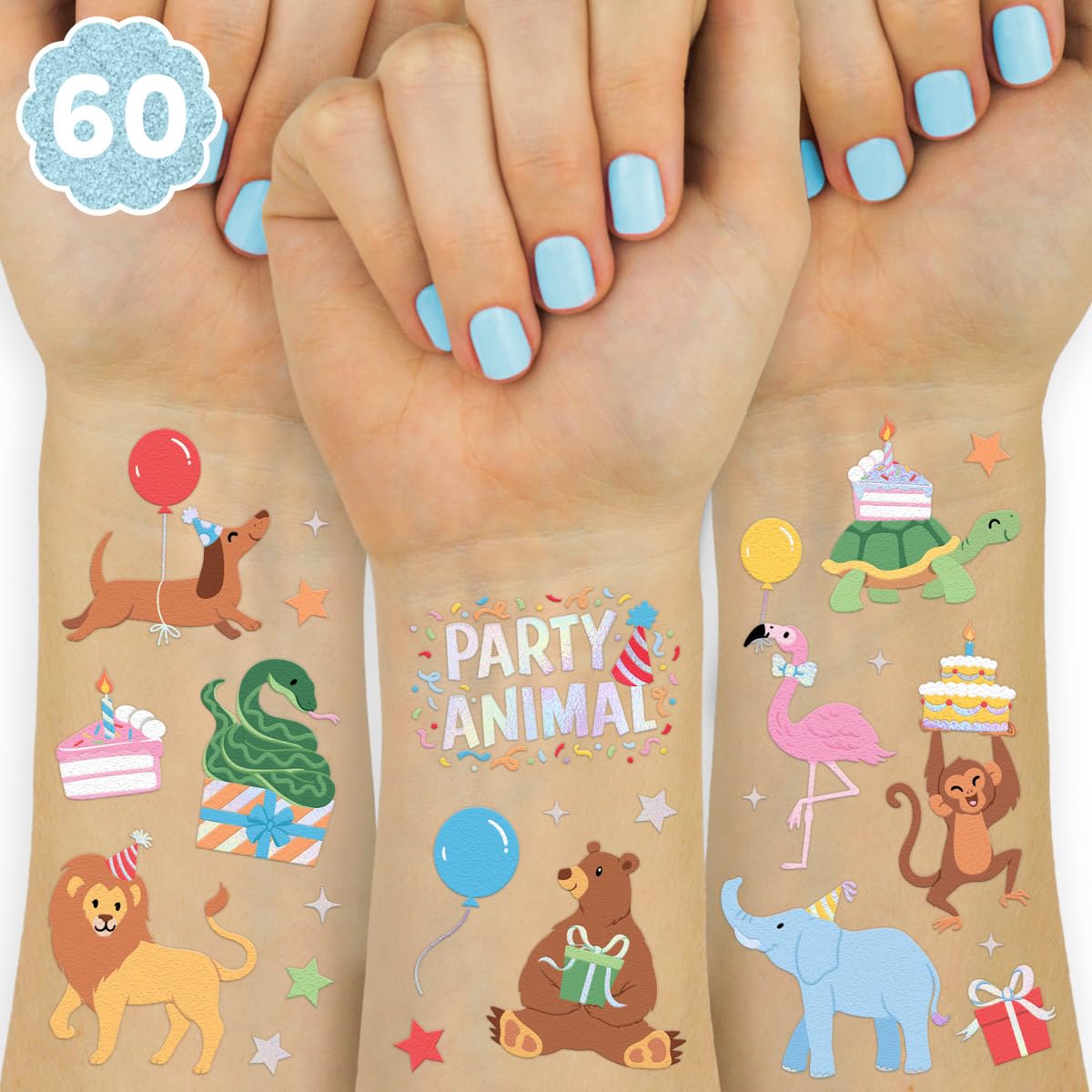 Fetti Party Animal Birthday Temporary Tattoos - 60 Foil Styles for Safari Birthday Decorations | Wild Rainbow Kids Accessories, Wild One Elephant Theme Party Favors, Baby Shower Supplies - Perfect for Birthday Parties, Baby Showers & Themed Events