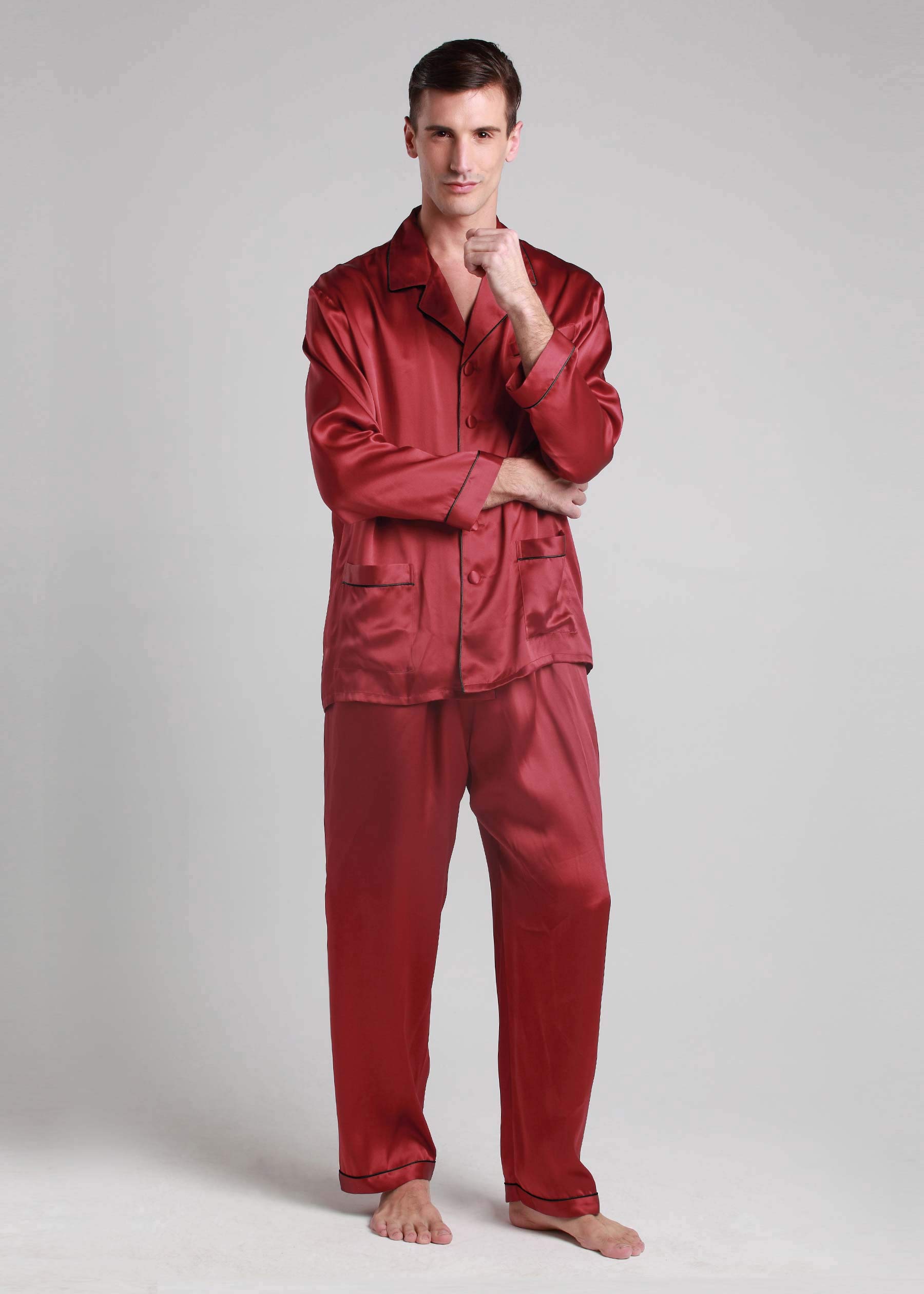 Premium 100% Silk Pajamas for Men - Long Sleeve Soft Lounge Sleepwear with Contrast Trim | Ideal for Relaxing at Home, Spa Days & Luxury Gifts