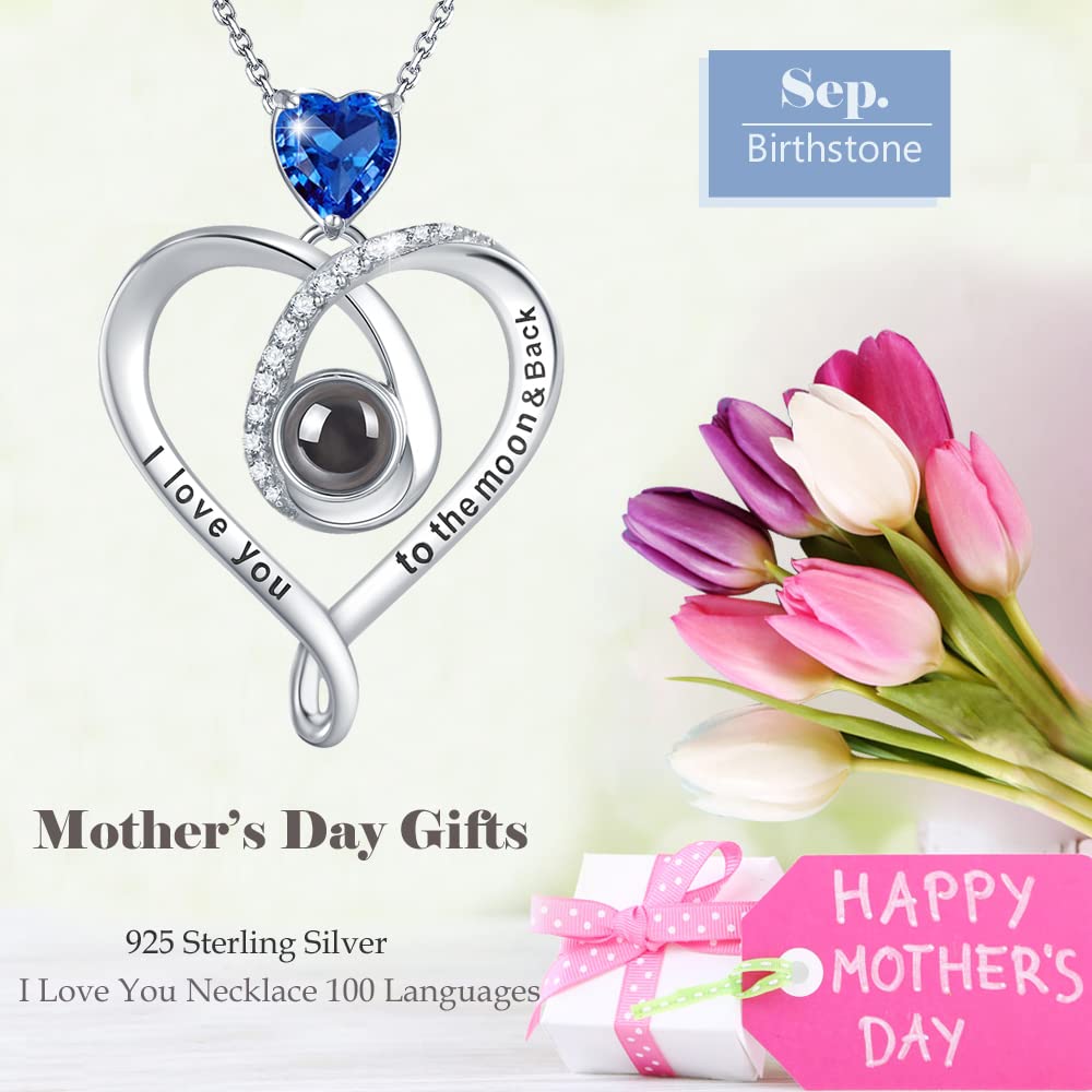 March & April Birthstone Aquamarine Jewelry - I Love You Necklace with 100 Languages Engraved - 925 Sterling Silver Necklace for Women - Perfect Birthday Gift, Anniversary Present & Romantic Keepsake