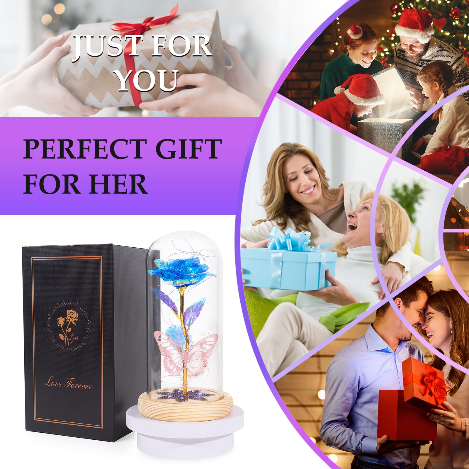 Beferr Preserved Rose in Glass Dome - Eternal Artificial Flower Gift for Women, Mom, Wife, Daughter, Grandma - Birthday, Mother's Day, Anniversary Present - Blue Galaxy Rose - Perfect for Home Decor, Office Desk, Romantic Surprise & Special Occasions