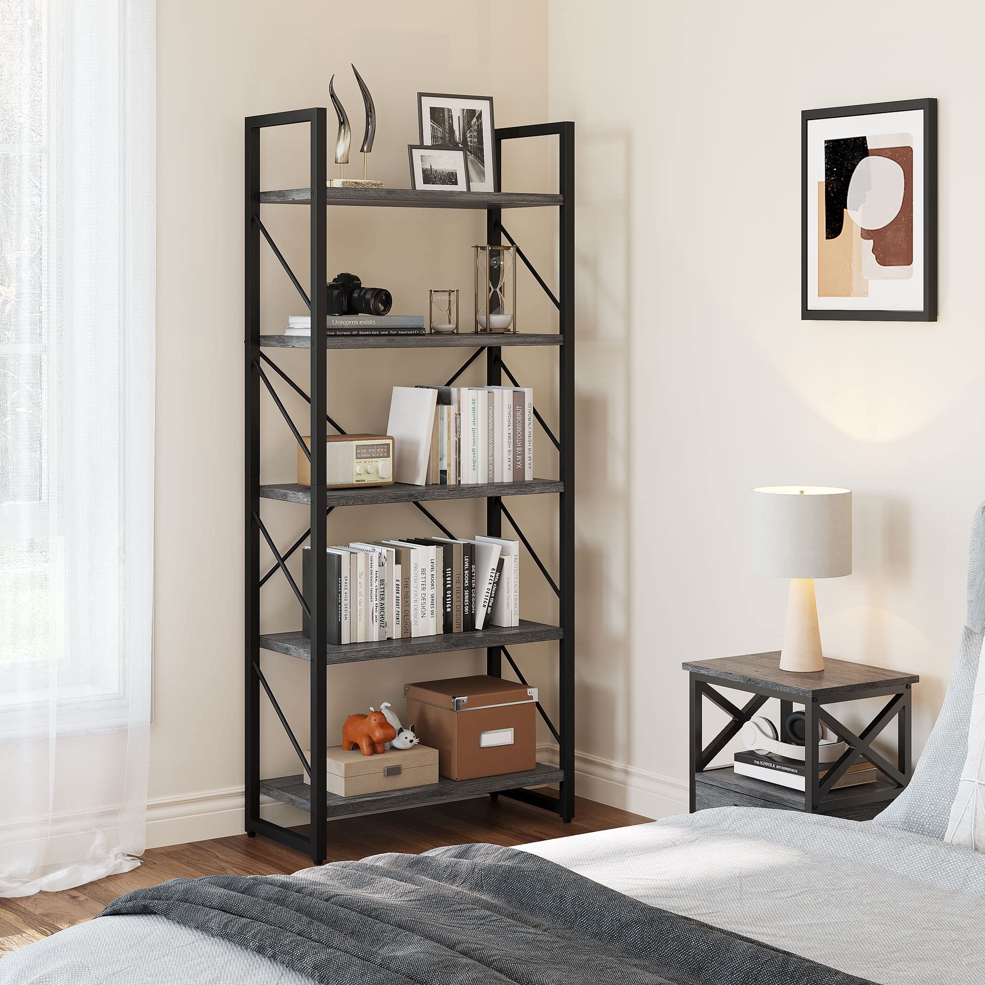 YITAHOME 5-Tier Industrial Bookshelf - Modern Grey Bookcase with Storage Shelves for Living Room, Home Office, Bedroom - Sturdy Book Rack & Organizer for Books, Movies, Decor - Charcoal Gray & Black Finish - Perfect for Small Spaces & Home Organization