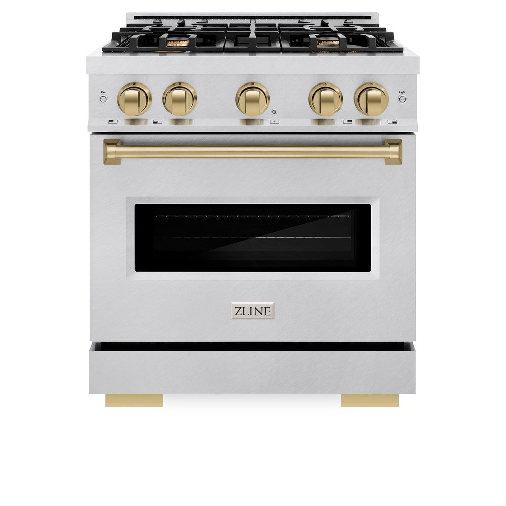 ZLINE Autograph Edition 30-inch 4.2 cu. ft. Classic Gas Range with 4 Burner Cooktop & Convection Gas Oven - Satin Stainless Steel with Champagne Bronze Accents (CGRSZ 30 CB) | Perfect for Home Kitchens & Professional Cooking