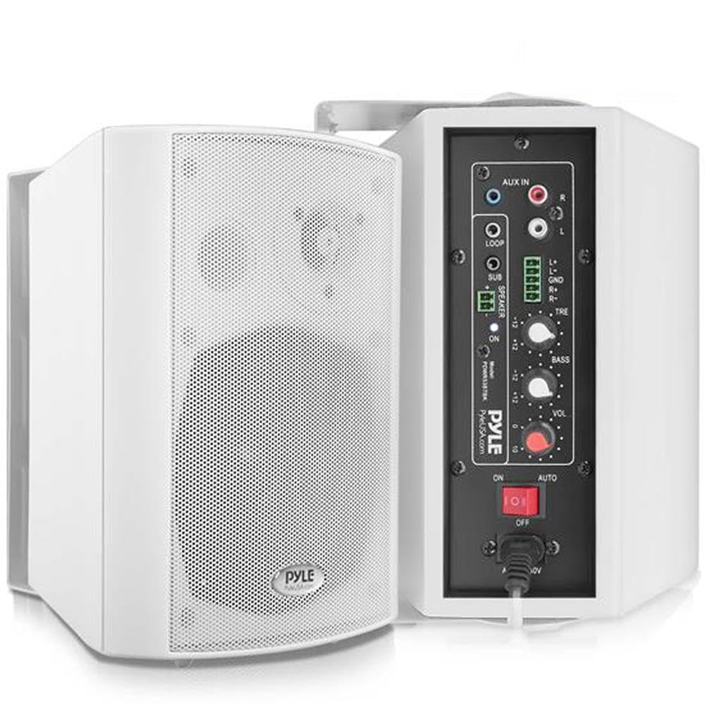 Pyle Wall Mount Home Speaker System - Active Passive Bookshelf Speakers for Indoor Studio, Garage, Patio - Wireless Bluetooth Stereo Sound with Aux & RCA - White - Perfect for Home Theater, Music Listening & Outdoor Entertainment