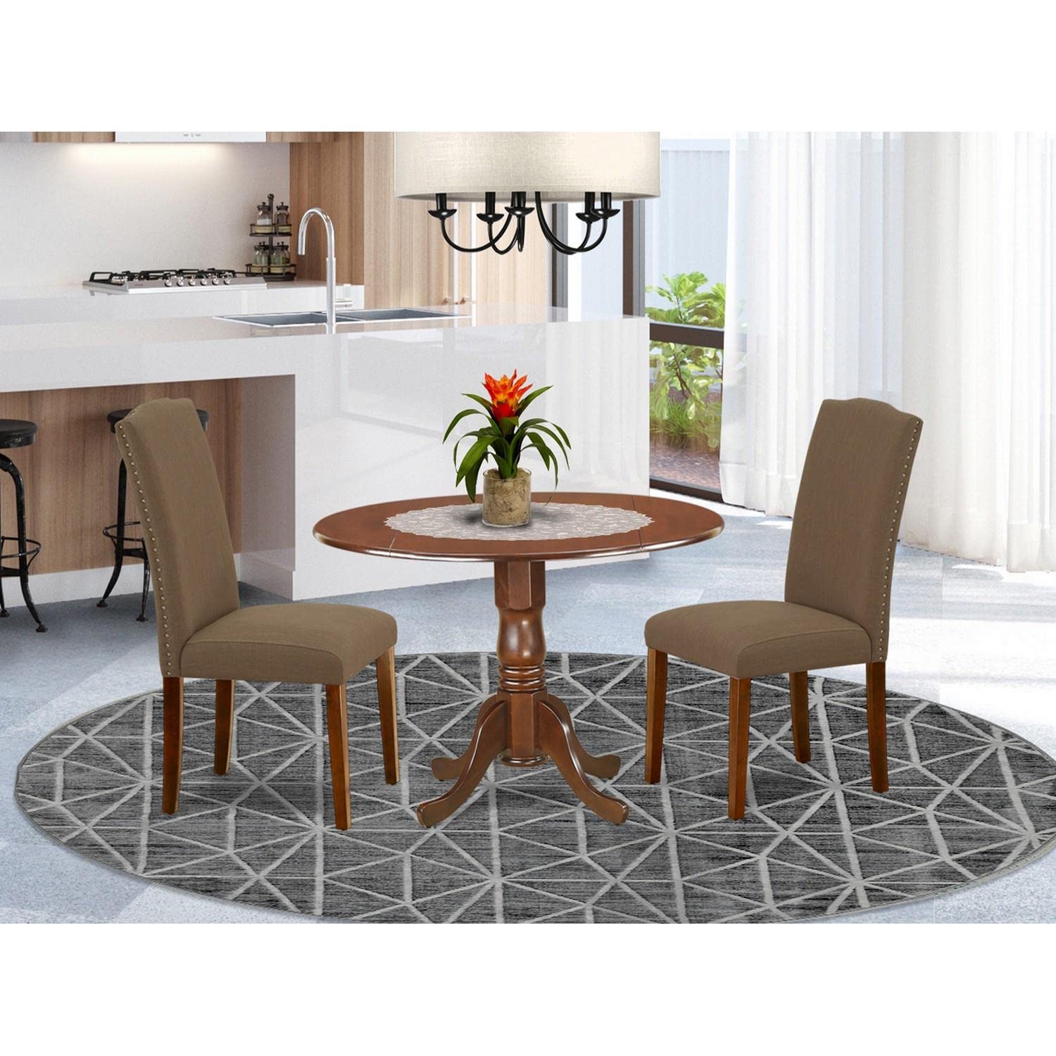 East West Furniture DLEN3-MAH-18 3-Piece Round Dining Table Set with Drop Leaf & 2 Dark Coffee Linen Parsons Chairs, 42x42 Inch, Mahogany - Perfect for Small Spaces, Breakfast Nooks & Cozy Apartments