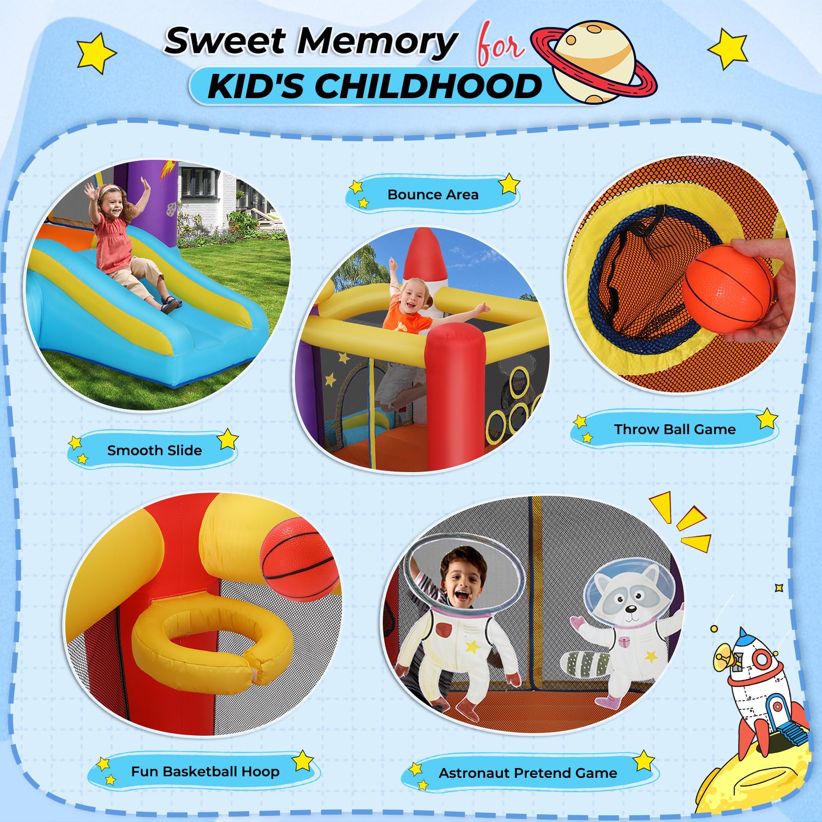 Inflatable Bounce House for Kids 2-8 Years - Astronaut Theme with Slide, Pitching Game & Photo Backdrop - 106