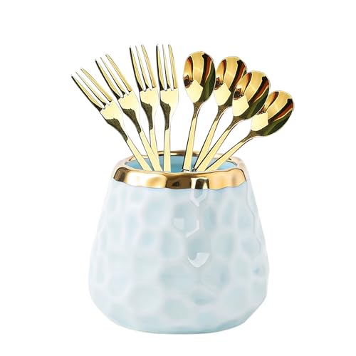 Blue ceramic jar+4 forks+4 spoons