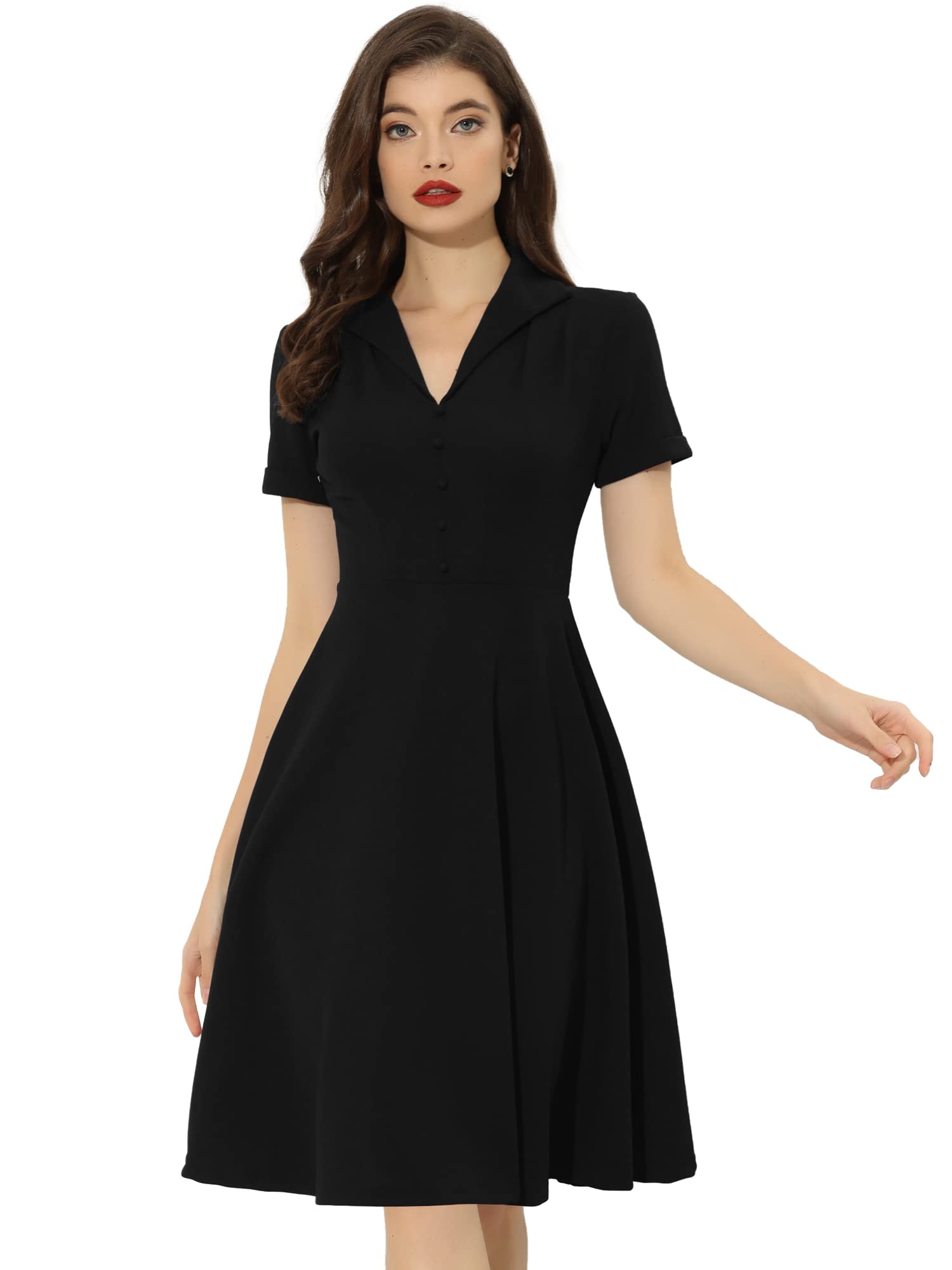 Allegra K Women's Vintage Fit and Flare Dress - 2025 Spring Short Sleeve Flat Collar Casual Sundress for Brunch, Garden Party & Summer Outings