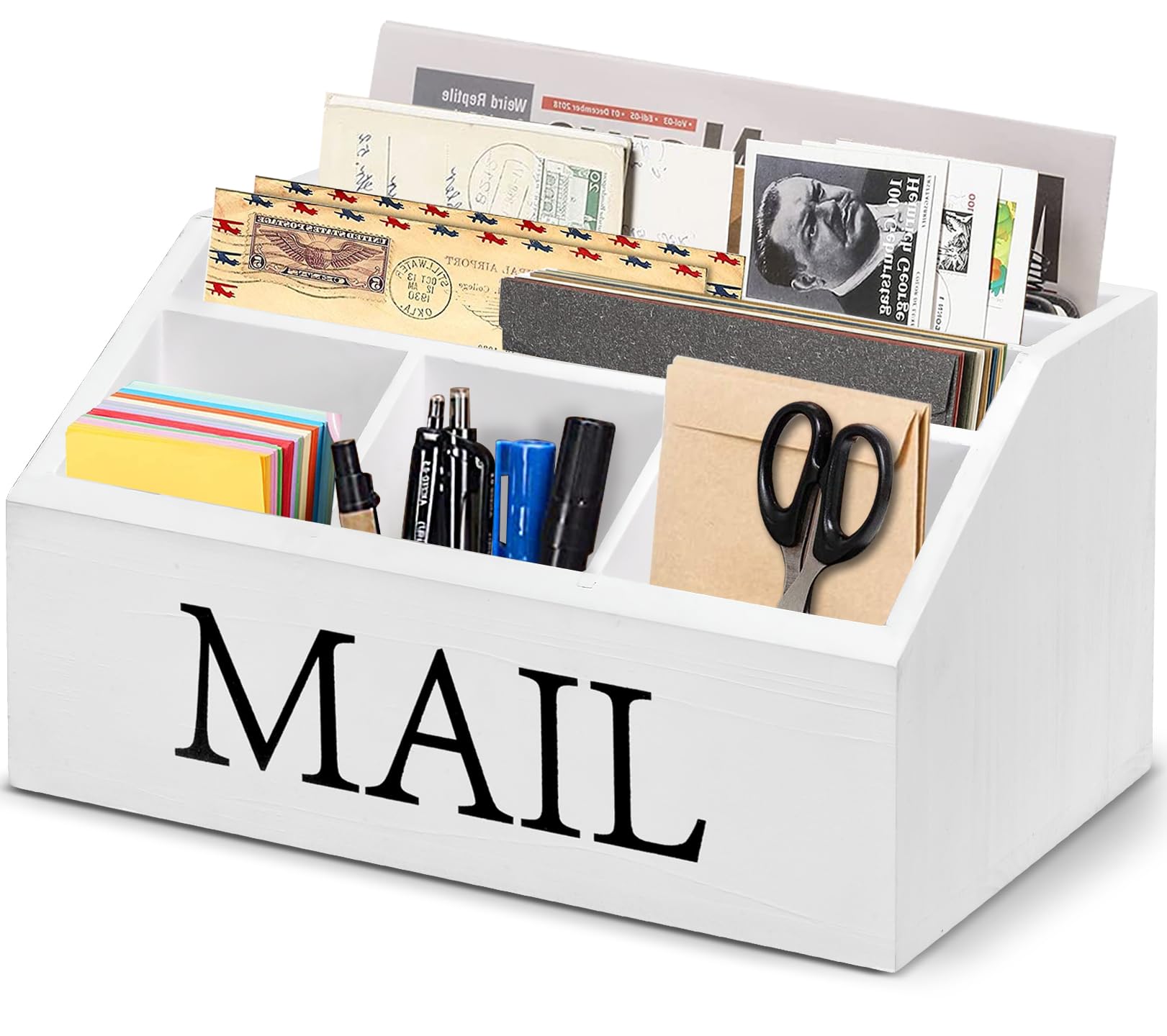 Wooden Mail Organizer for Desk & Countertop - Office Mail Sorter with Pen Holder for Bills, Letters & Documents - Perfect for Home Office, Entryway & Workspace Organization