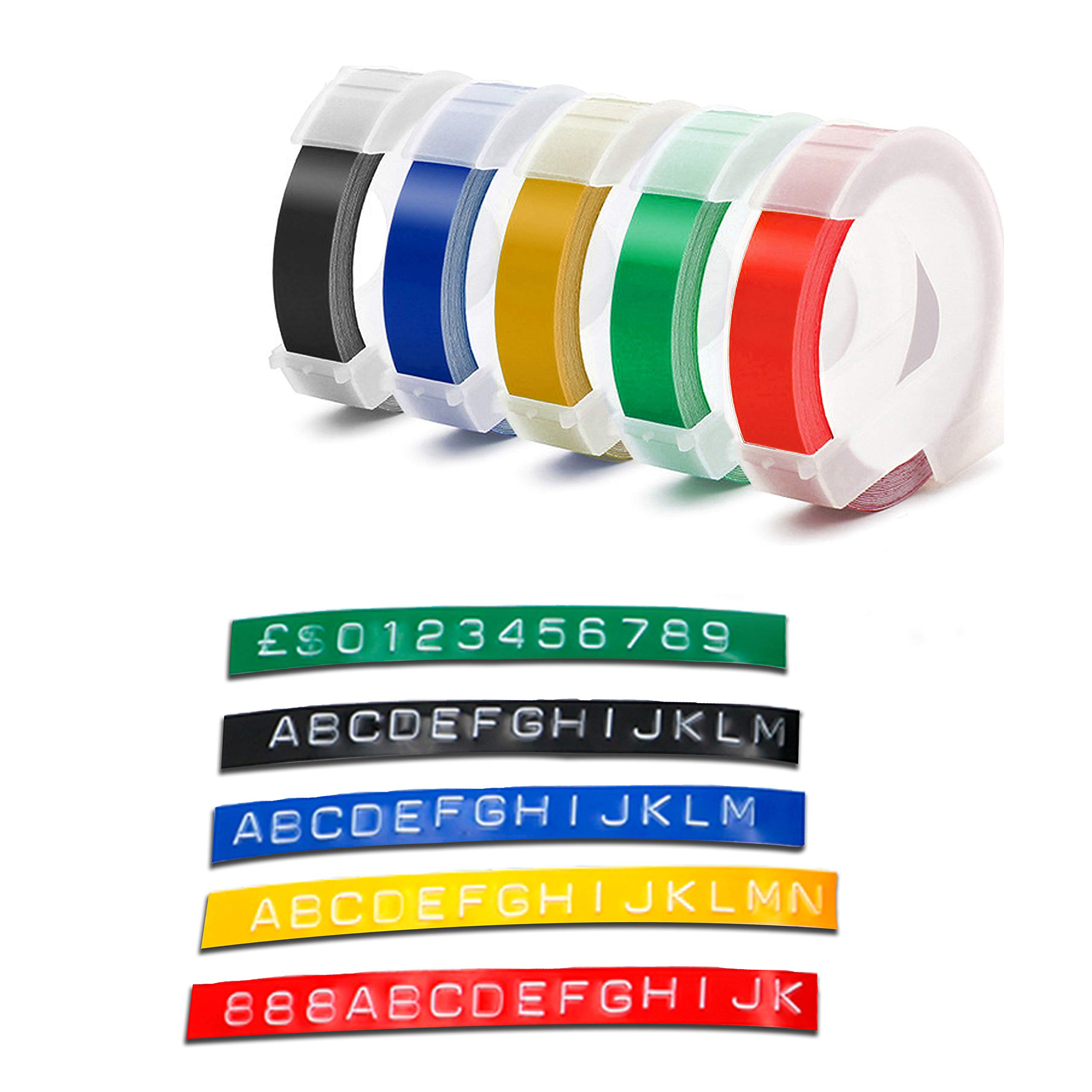 3/8 Inch Embossing Label Tape - Compatible with Dymo Label Maker 12965 & 12966, Durable 3D Plastic Labels for Office Mate II & Organizer Xpress (White on Black/Red/Blue/Yellow/Green) - Perfect for Office Organization, File Labeling & Home Storage