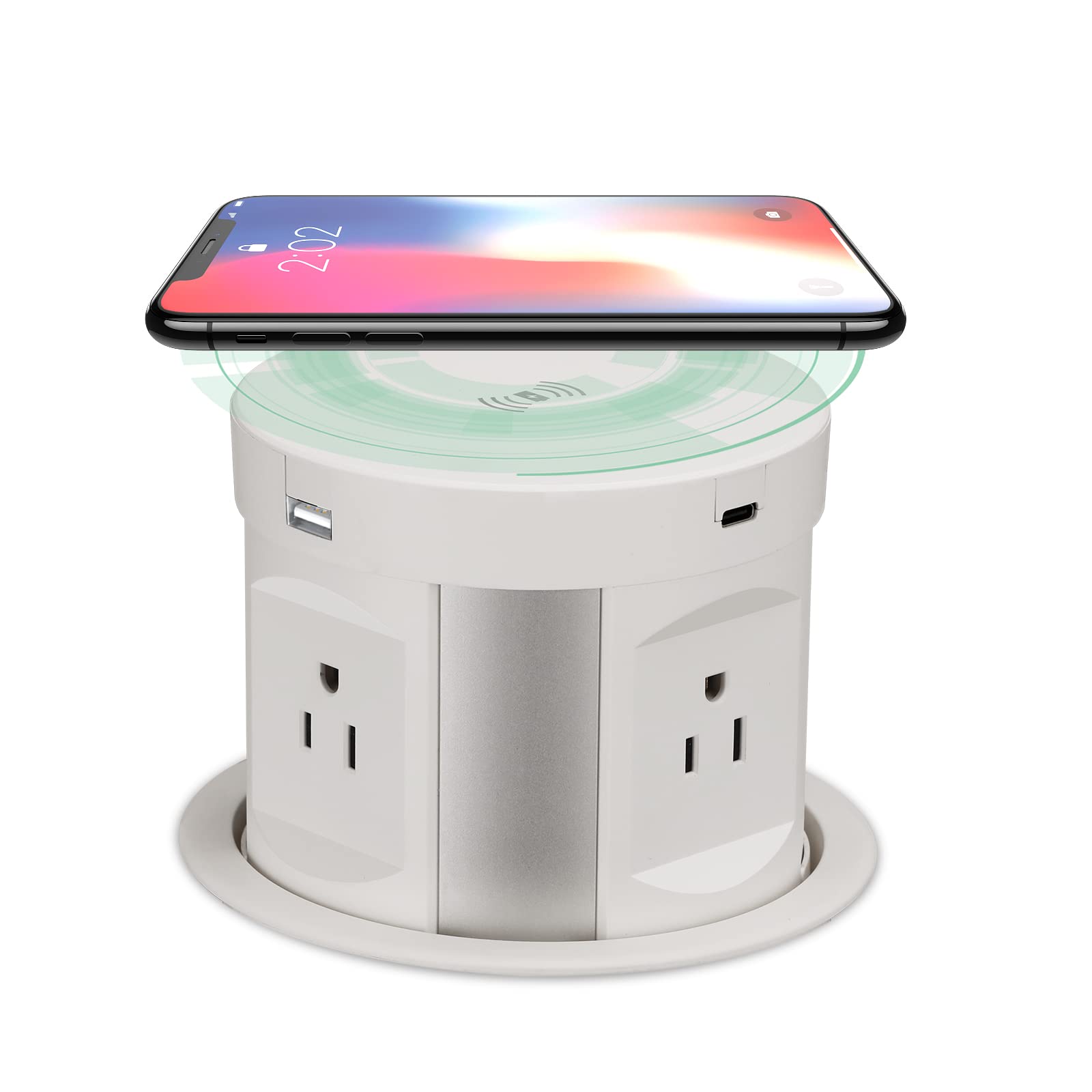 Smart Pop-Up Outlet with Wireless Charger - 4 AC Plugs + USB A/C Ports - Surge Protector for Kitchen Island, Office Desk & Conference Room - ETL Certified - Perfect for Countertops, Workbenches & Home Use