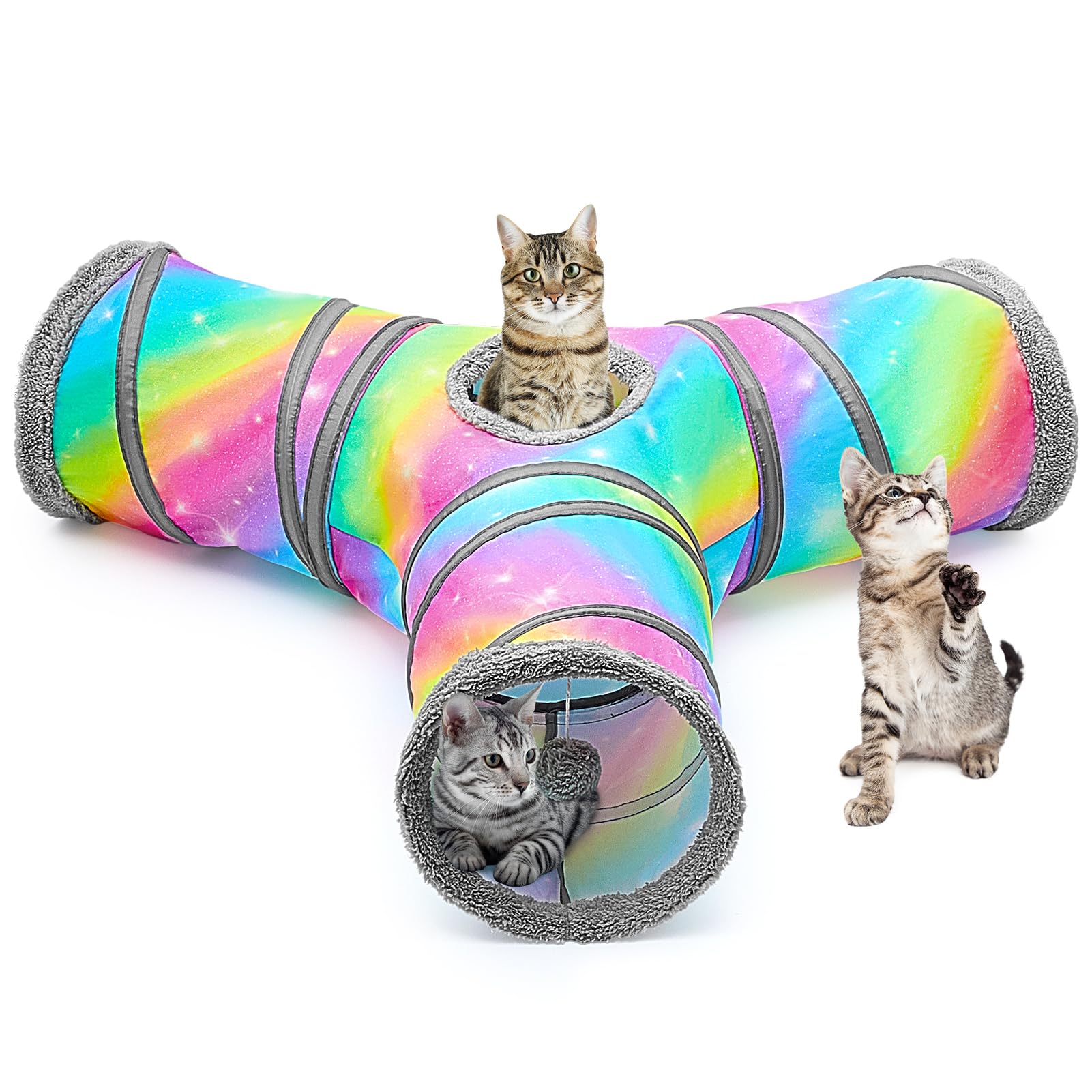 3-Way Cat Tunnel for Indoor Cats - Collapsible Peekaboo Cat Cave with 3 Toy Balls | Fun Play Tube for Kittens & Puppies | Perfect for Hide & Seek, Exercise & Playtime