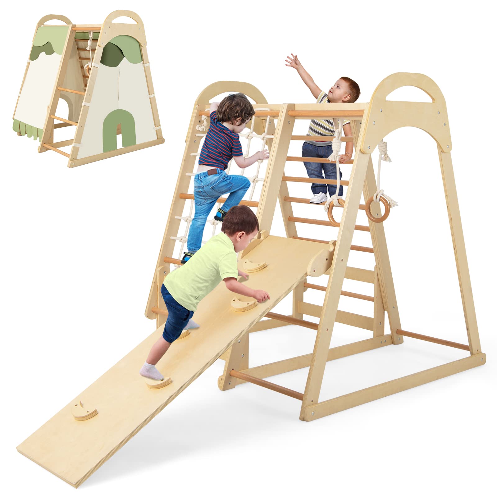 Costzon 7-in-1 Indoor Jungle Gym for Toddlers - Montessori Climbing Toys with Slide, Climbing Net & Gymnastic Rings - Wooden Playground Climber Playset for Kids Ages 3+ | Perfect for Indoor Playrooms, Daycares & Birthday Gifts