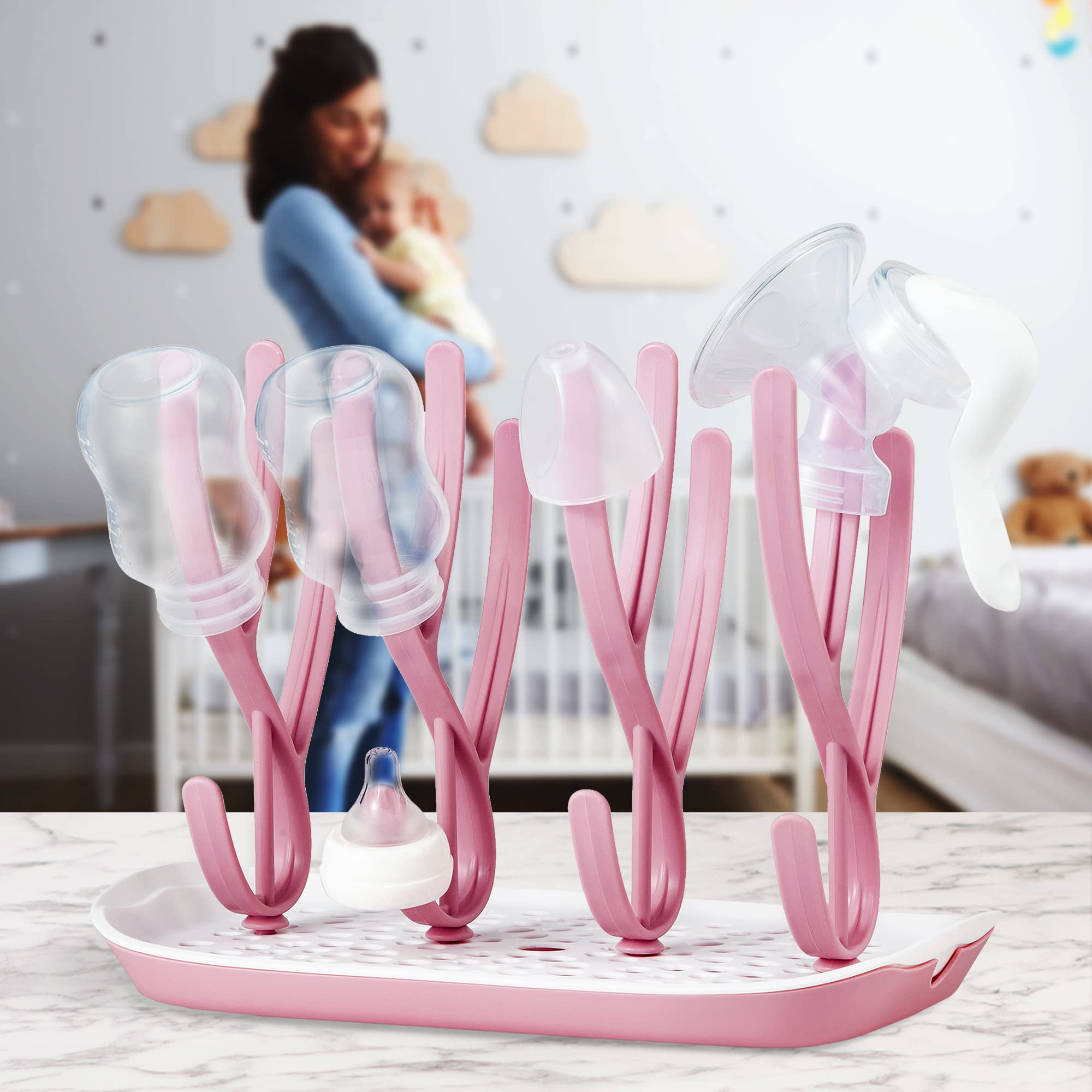 Albert Austin Baby Bottle Drying Rack - 8 Bottle Capacity, Hygienic Air-Dry Storage for Baby Bottles, Nipples, Sippy Cups & Pacifiers | Space-Saving Nursery Organizer | Perfect for Breastfeeding Moms & Daycare Use (Pink)