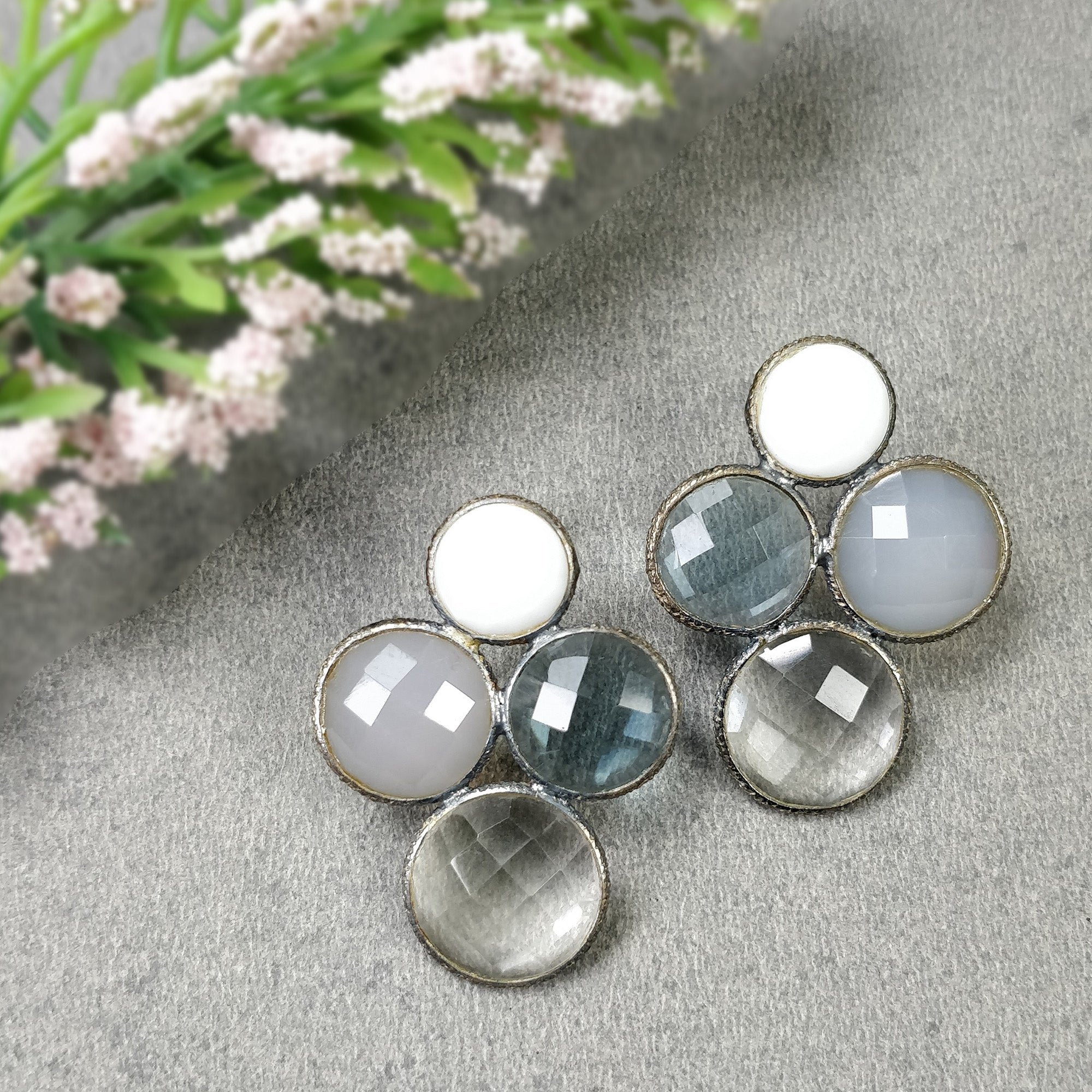 925 Sterling Silver Rhinestone Earrings for Women - Multi Color Round Gemstone Victorian Bezel Set Fashion Jewelry (1.35