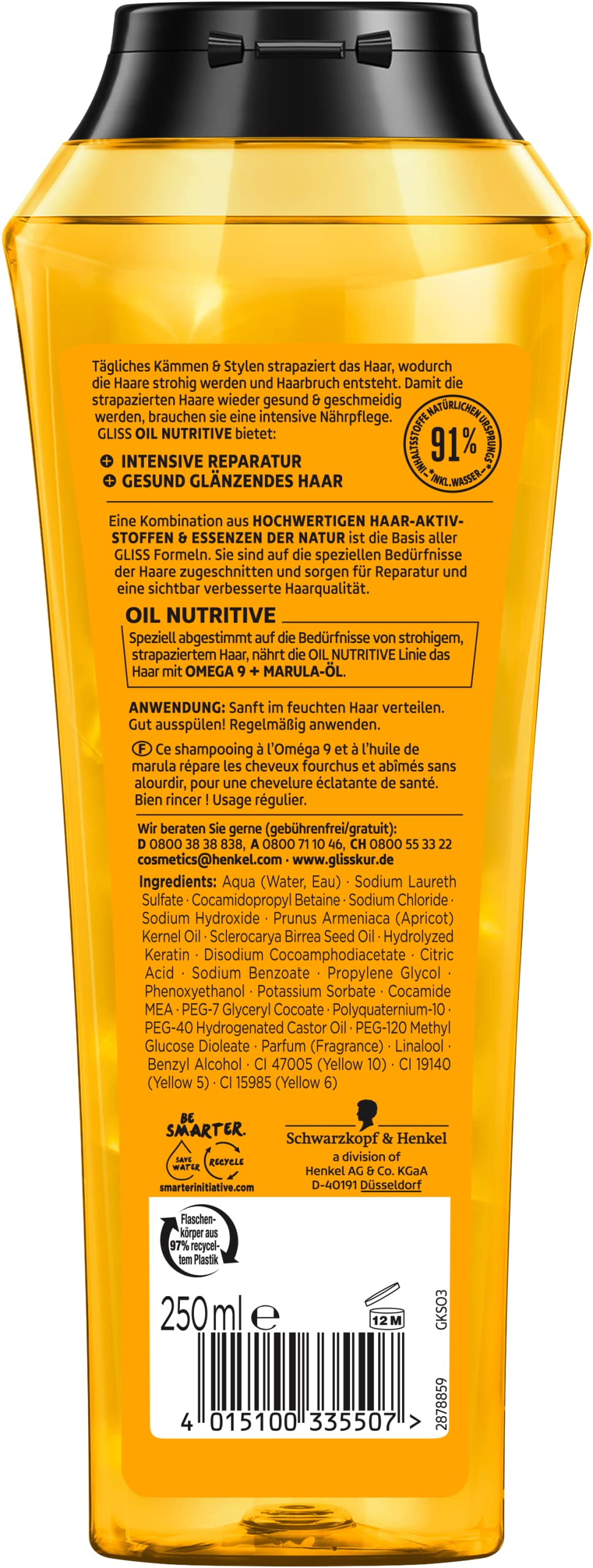 Gliss Oil Nutritive Shampoo 250ml - Intensive Nourishing Hair Care for Dry, Damaged Hair - Restores Healthy Shine & Softness - Perfect for Daily Use & Post-Color Treatment