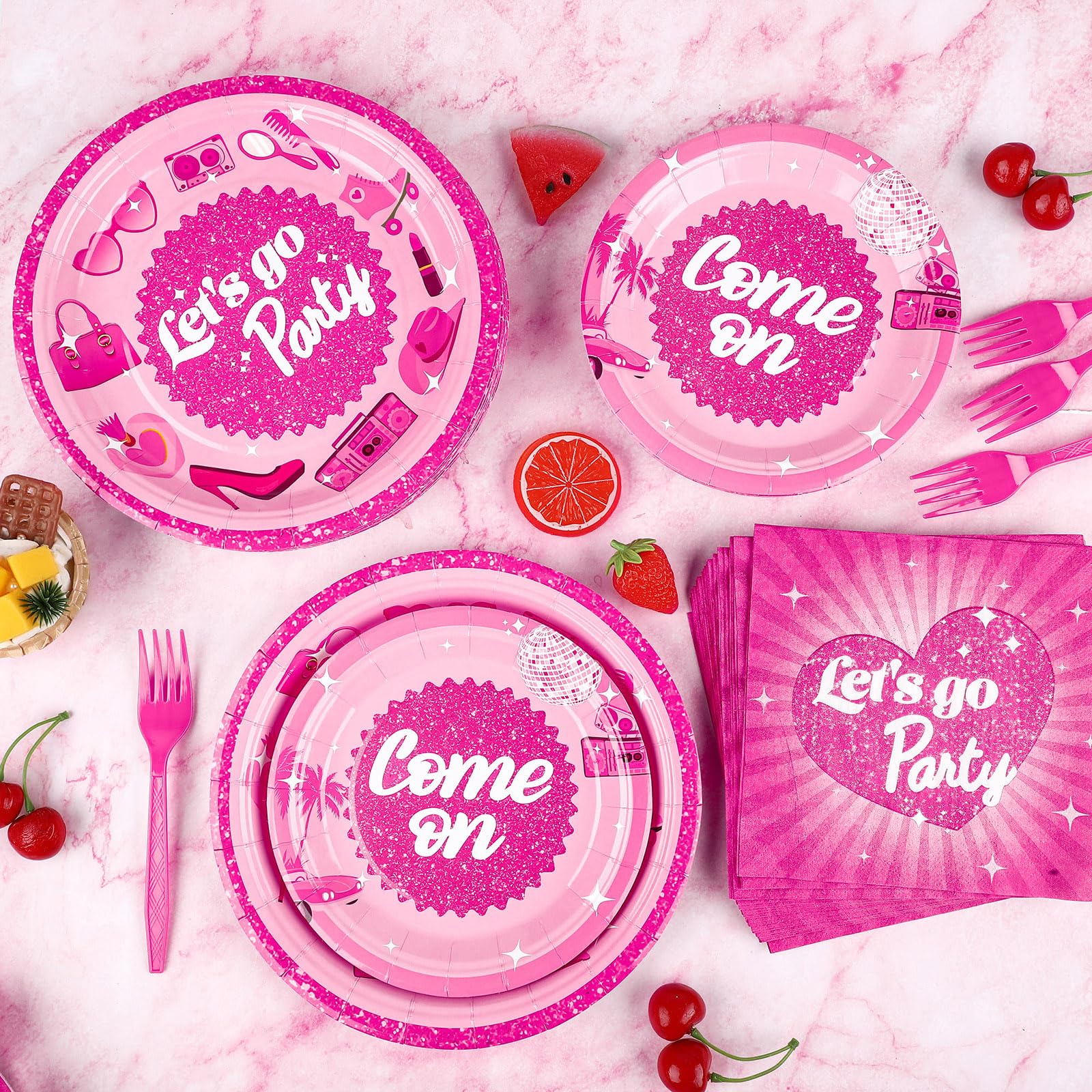 96-Piece Let's Go Party Supplies Set - Hot Pink Disposable Plates, Napkins & Forks for 24 Guests | Bachelorette, Birthday & Disco Party Decorations | Perfect for Girls' Birthday Parties & Celebrations