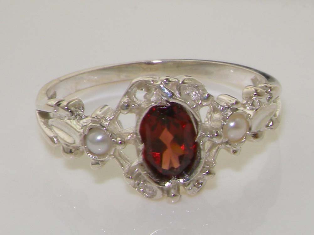 10k White Gold Genuine Garnet & Cultured Pearl Women's Band Ring - Elegant Jewelry Gift for Anniversary, Birthday & Special Occasions