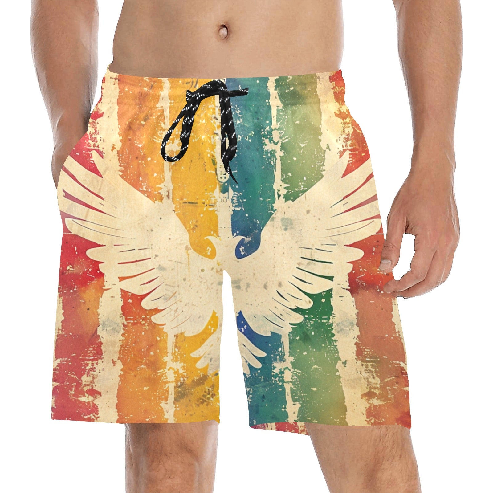 Grunge Phoenix Rises Mid-Length Beach Shorts for Men - Stylish Casual Swimwear for Summer Vacation & Surfing